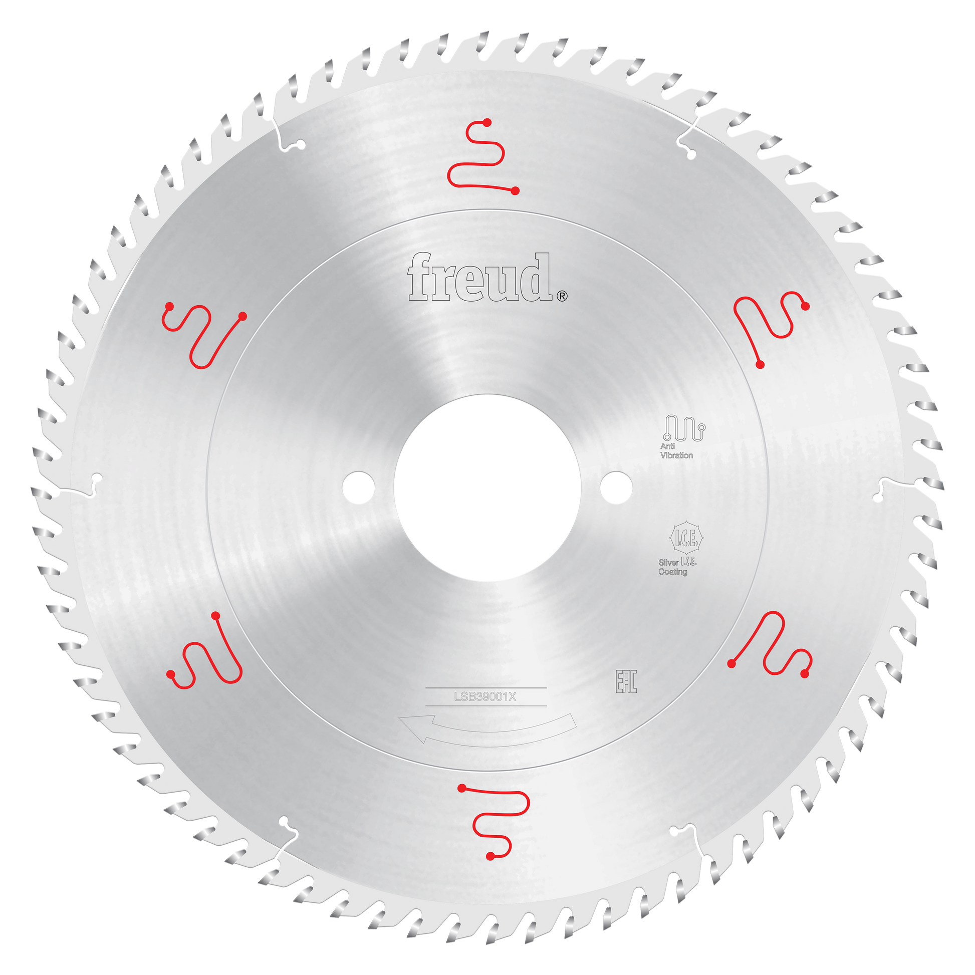 Freud 380mm circular saw blade with multiple teeth around perimeter and center bore, marked with red logos and specifications