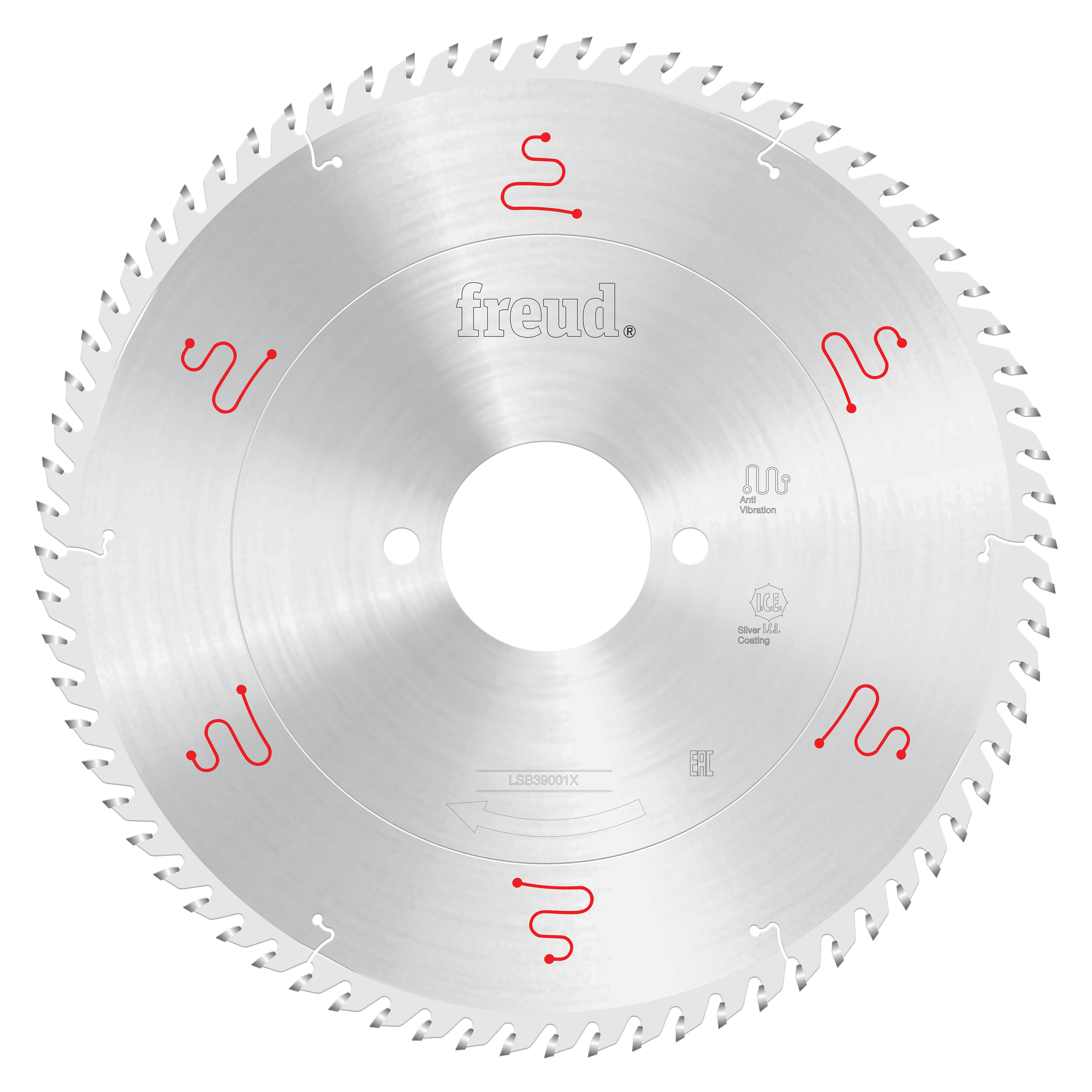 Freud 380mm circular saw blade with multiple teeth around perimeter and center bore, marked with red logos and specifications