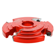 Red router bit with central bore hole and multiple cutting edges arranged in tiered design with black adjustment knobs.