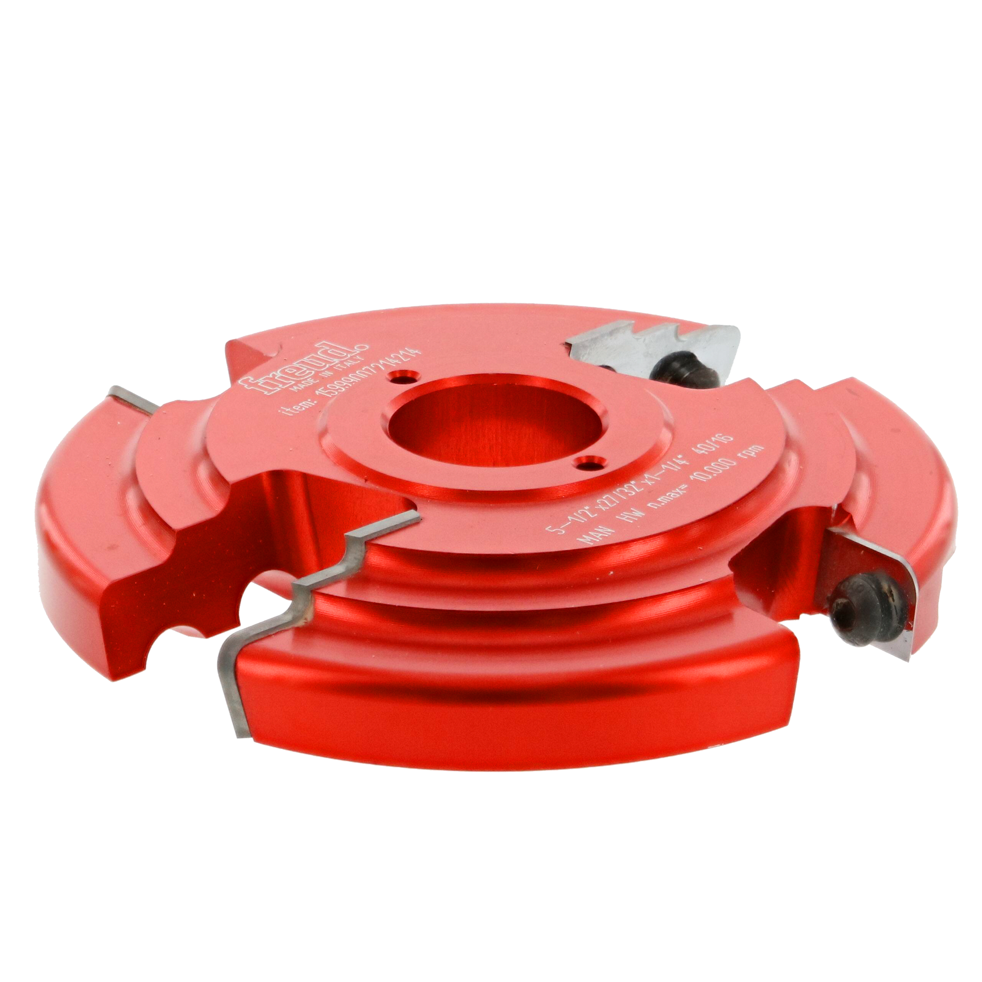 Red router bit with central bore hole and multiple cutting edges arranged in tiered design with black adjustment knobs.
