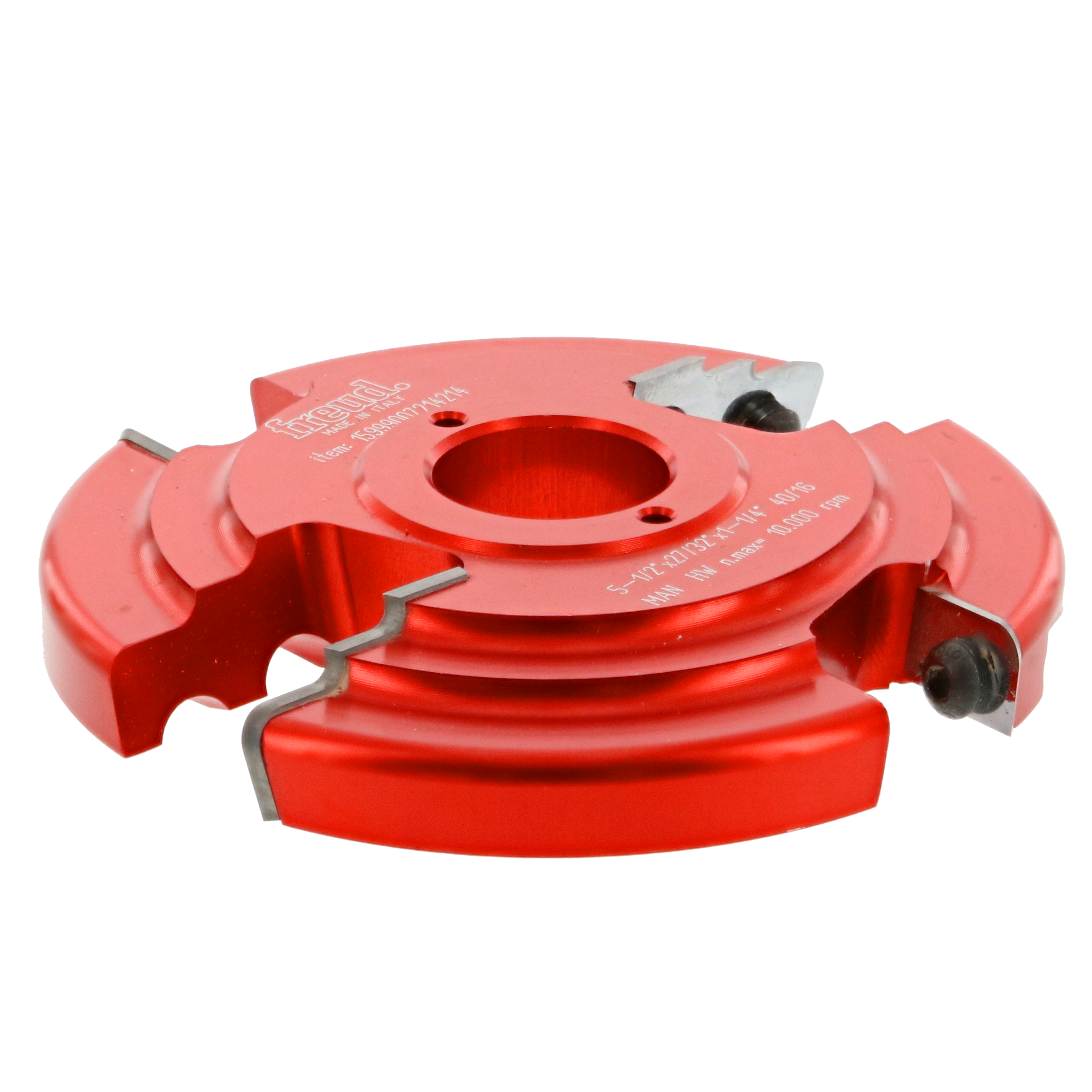 Red router bit with central bore hole and multiple cutting edges arranged in tiered design with black adjustment knobs.
