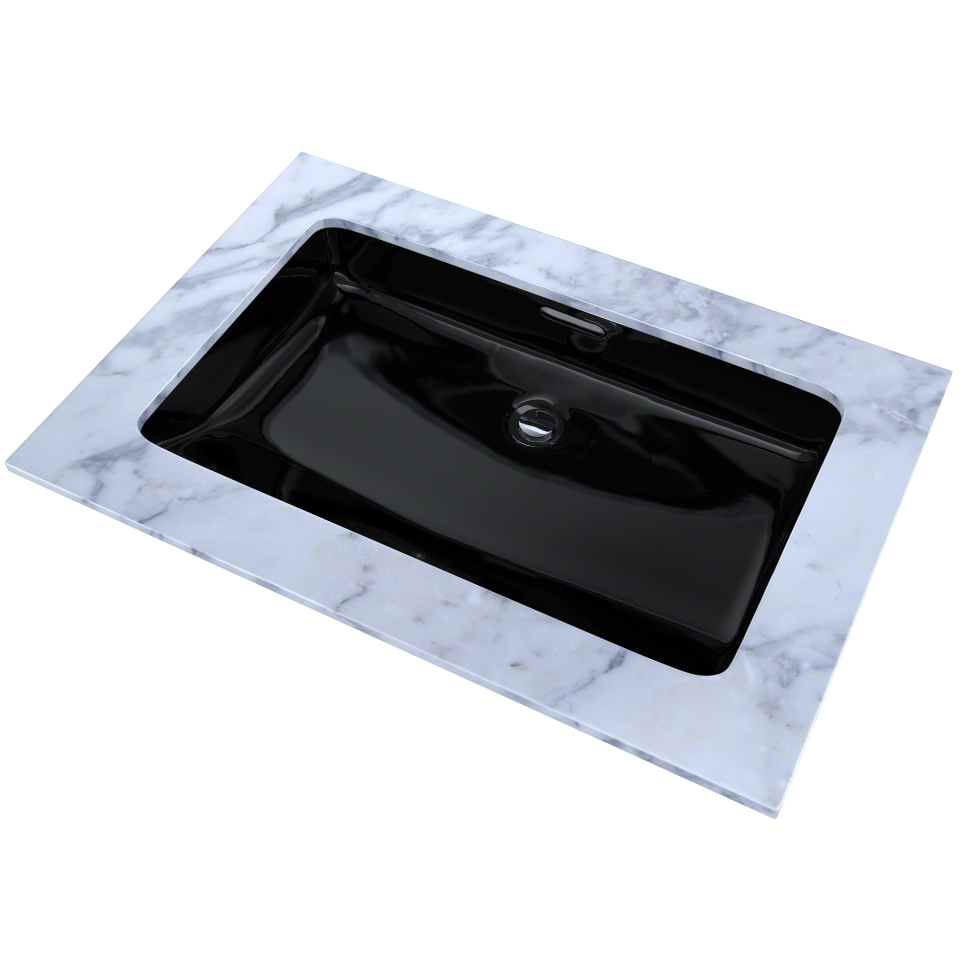 Black rectangular undermount sink with single drain hole set into white marble countertop.