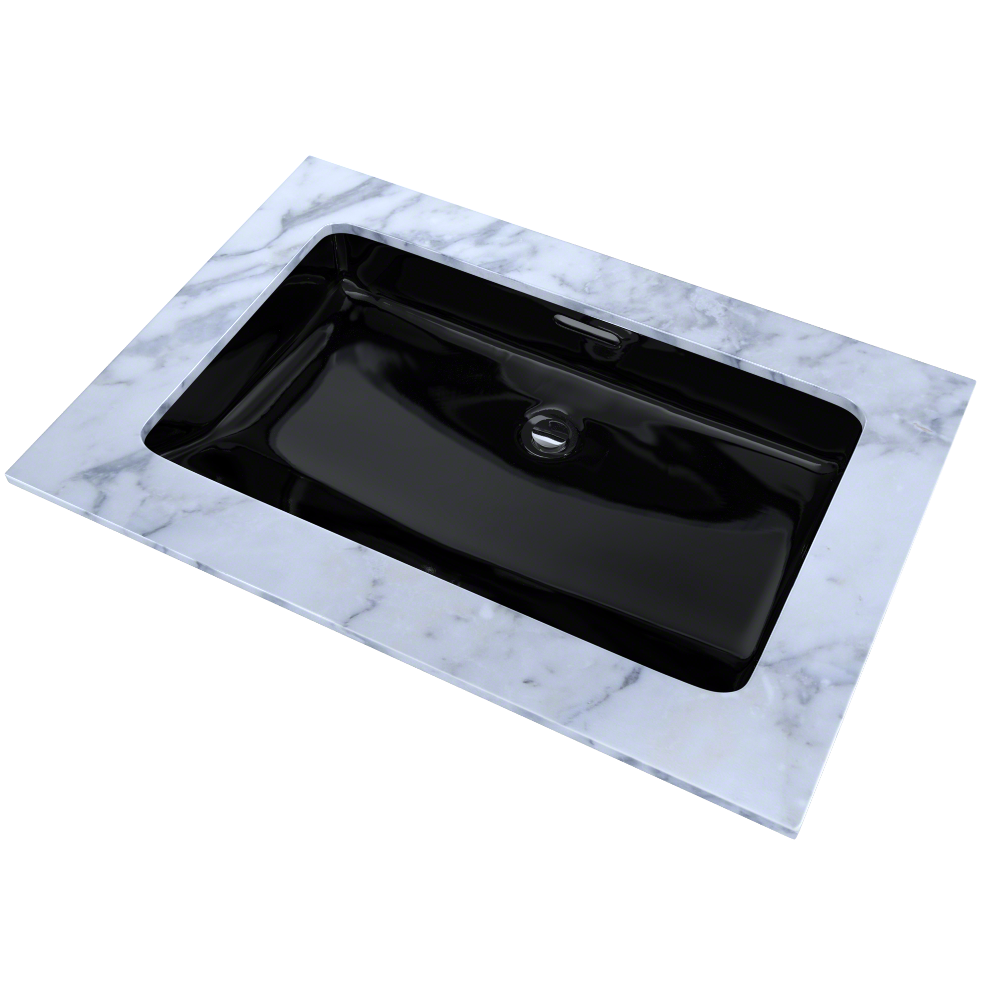 Black rectangular undermount sink with single drain hole set into white marble countertop.