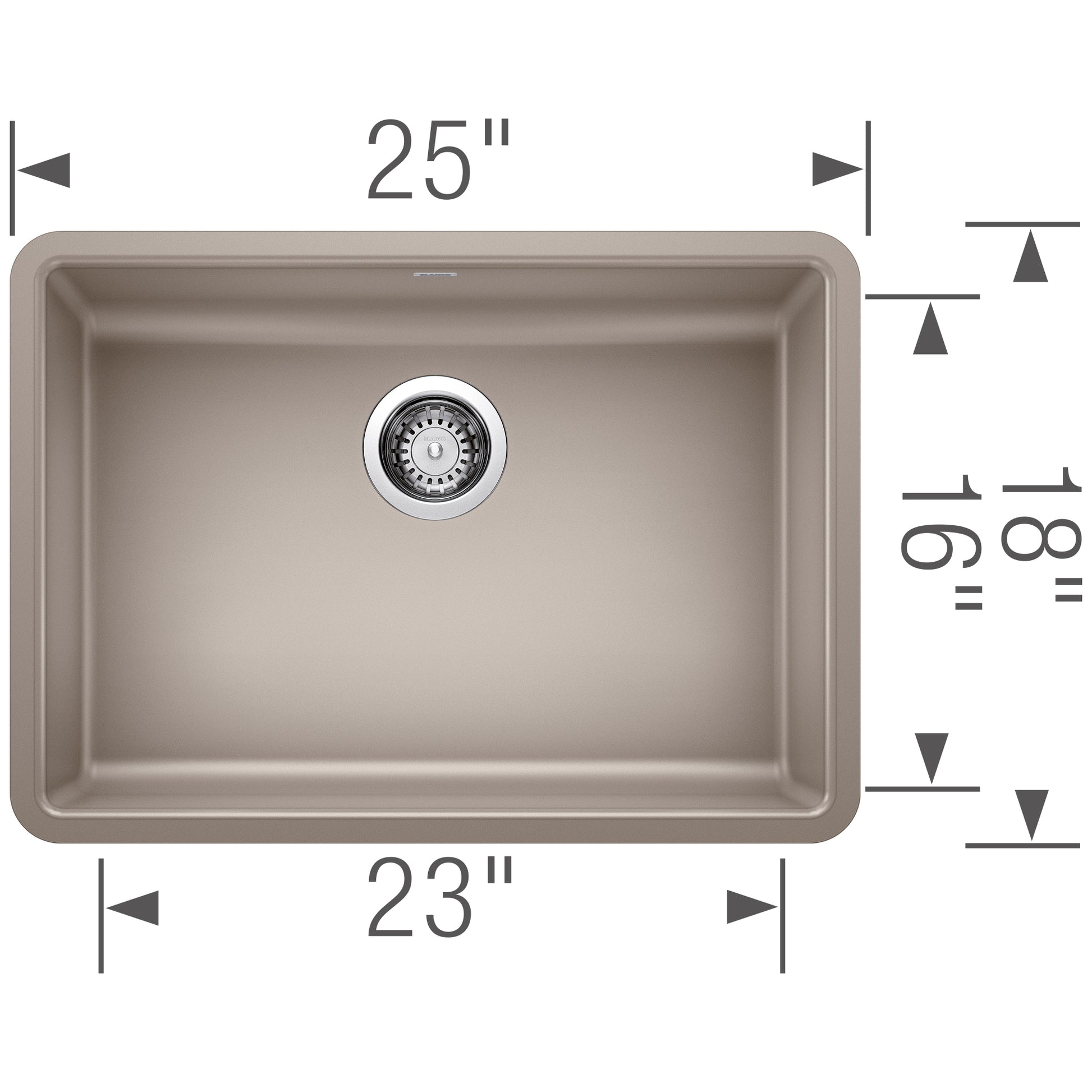 Truffle-colored single undermount kitchen sink with rounded corners and chrome drain strainer, 25" wide x 19" deep.