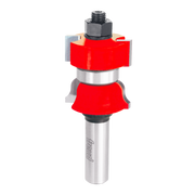 Freud router bit with red cutting profiles, gray metal shaft, and threaded top collar for mounting.
