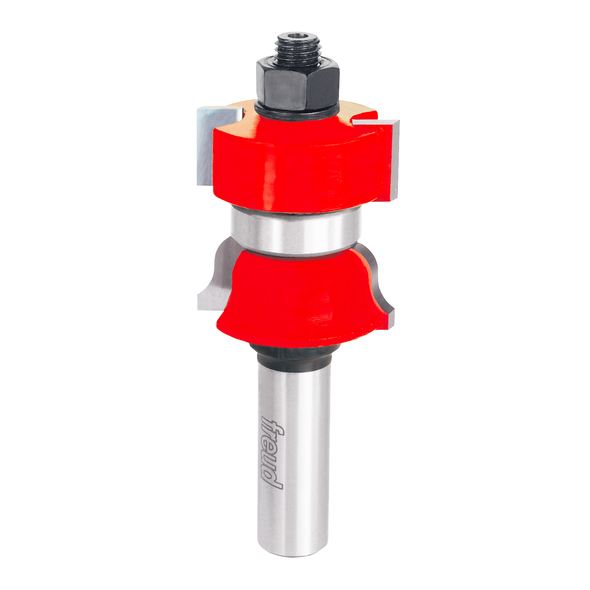 Freud router bit with red cutting profiles, gray metal shaft, and threaded top collar for mounting.
