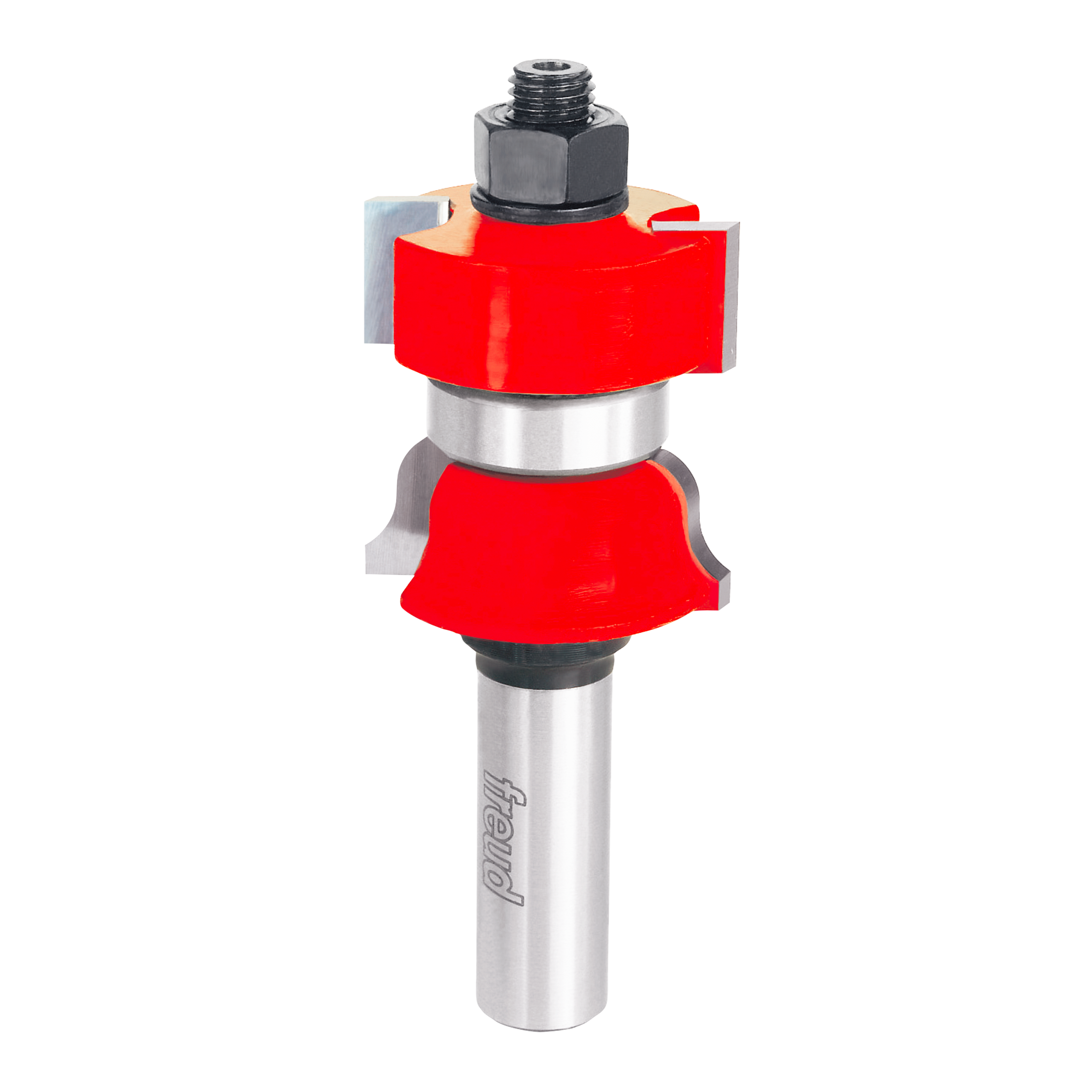Freud router bit with red cutting profiles, gray metal shaft, and threaded top collar for mounting.