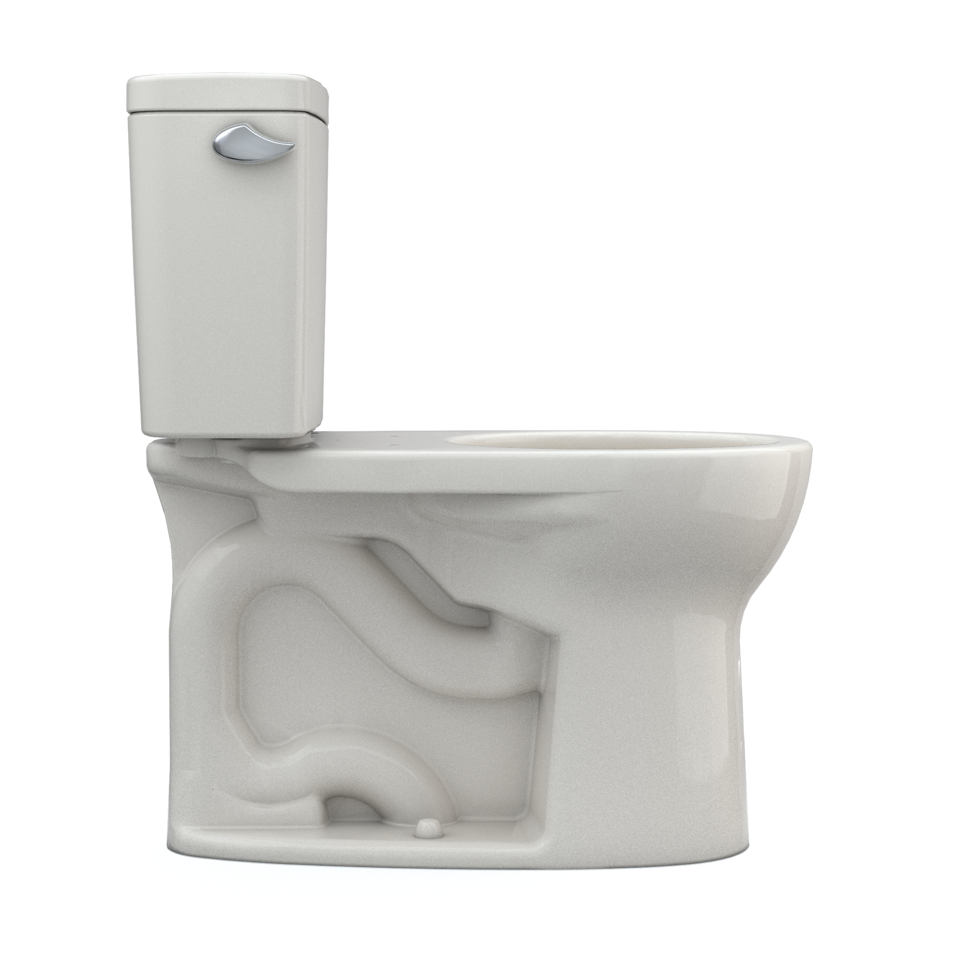 Sedona beige two-piece toilet with round bowl, separate tank, and chrome lever handle on white background.