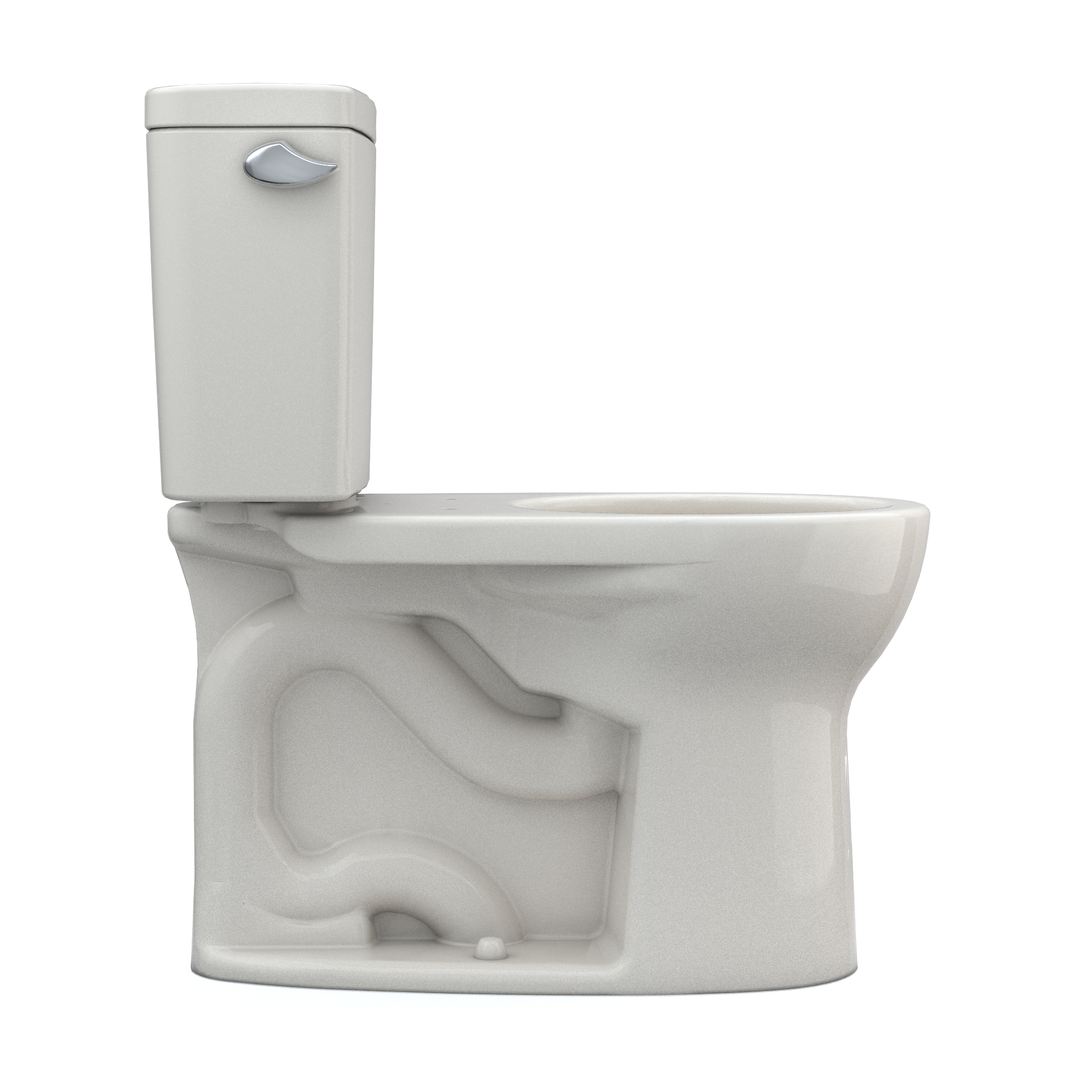 Sedona beige two-piece toilet with round bowl, separate tank, and chrome lever handle on white background.
