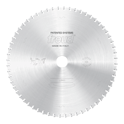 Silver circular sawblade with teeth around perimeter, center hole, and Freud branding and specifications printed on face.