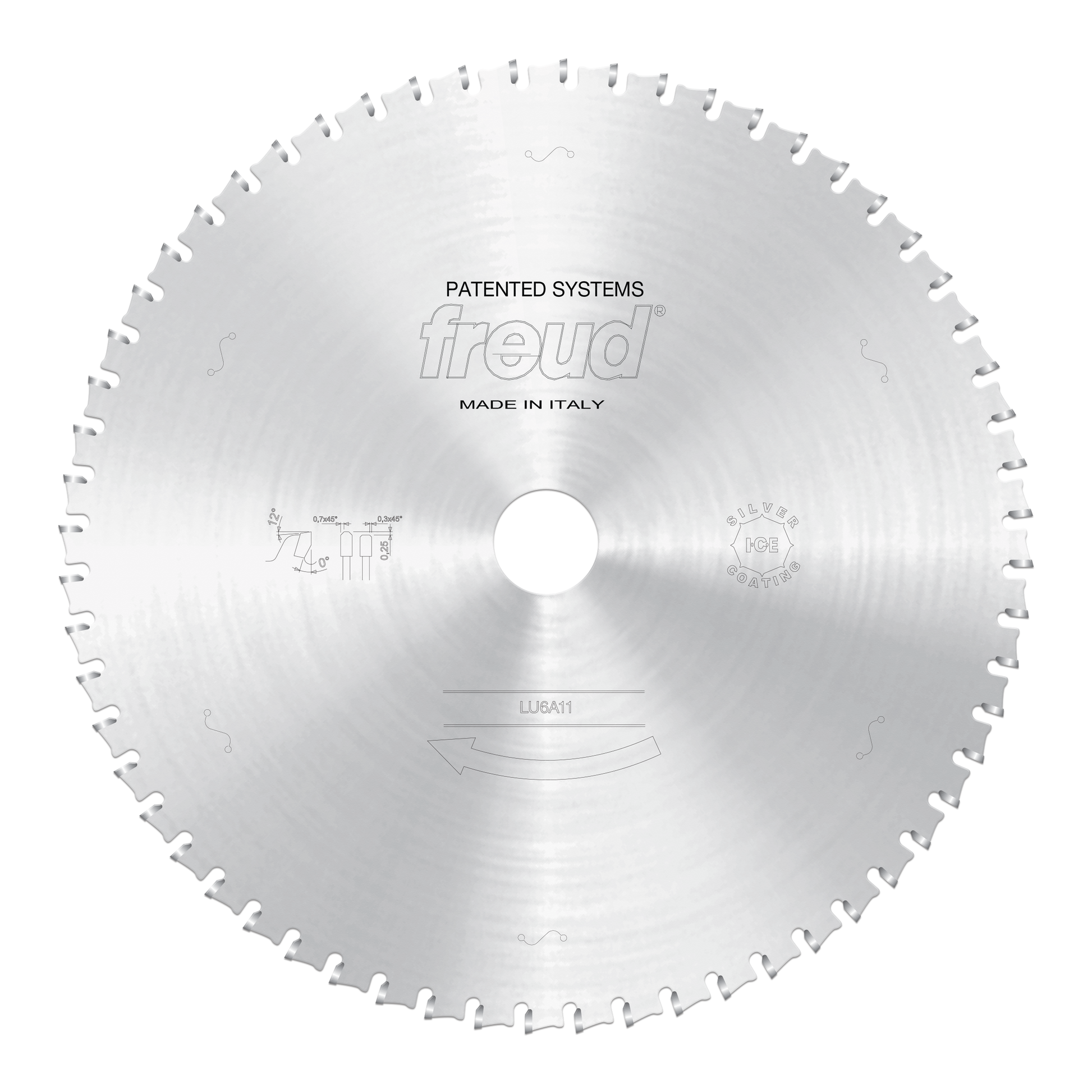 Silver circular sawblade with teeth around perimeter, center hole, and Freud branding and specifications printed on face.