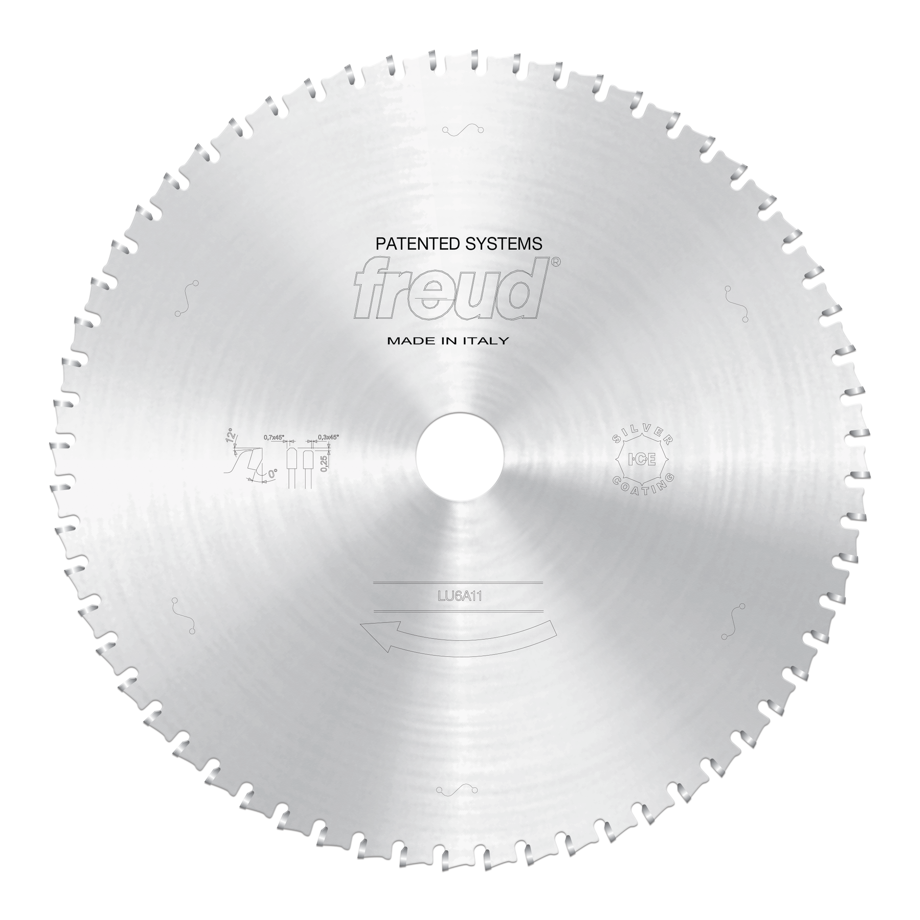 Silver circular sawblade with teeth around perimeter, center hole, and Freud branding and specifications printed on face.