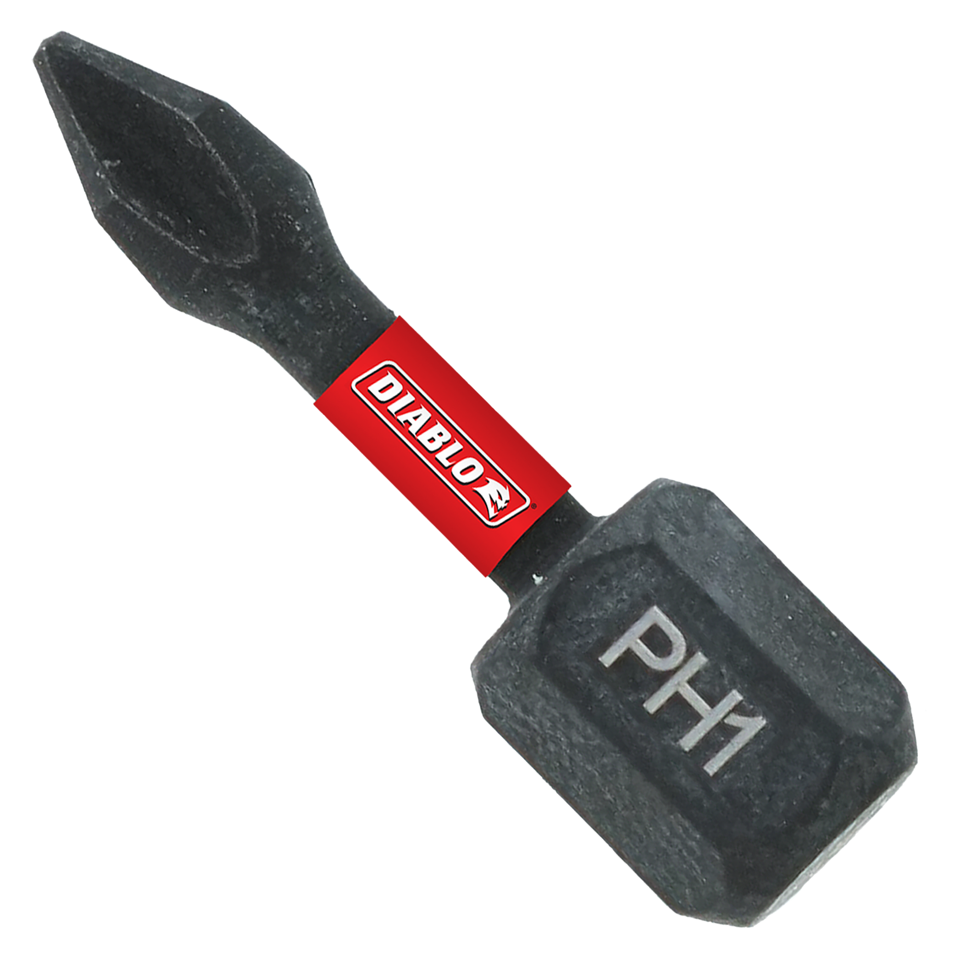 Two black Phillips #1 drive bits with red Diablo branding and black handles, one inch length.