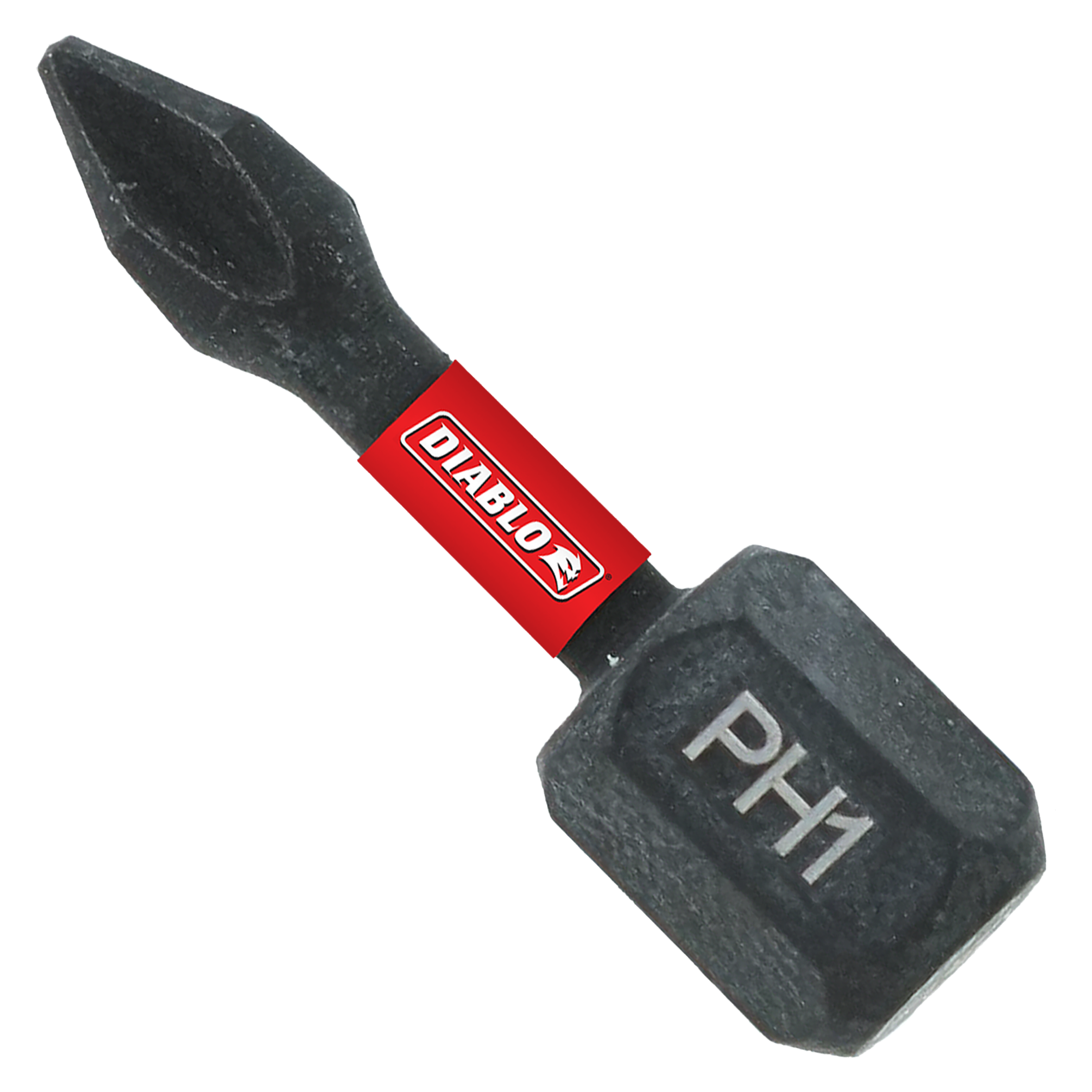 Two black Phillips #1 drive bits with red Diablo branding and black handles, one inch length.