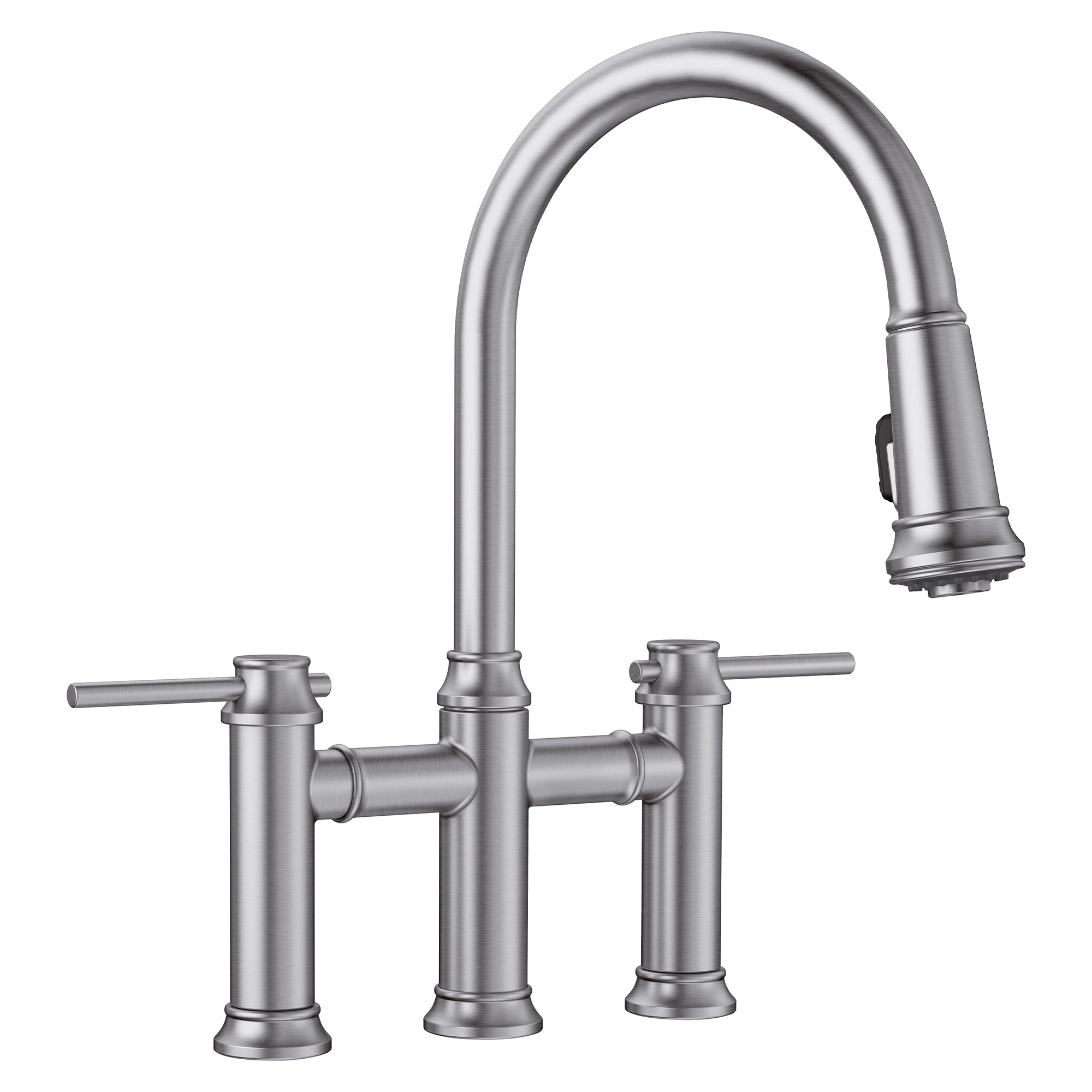 Stainless steel bridge kitchen faucet with arched pulldown spout and dual lever handles.