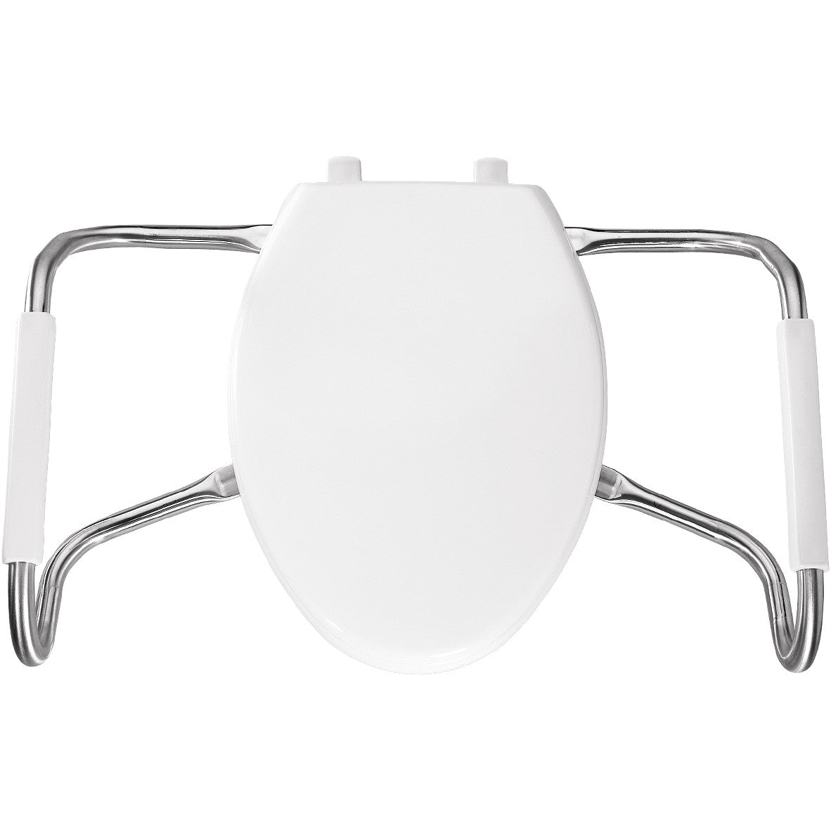 White elongated toilet seat with open front, matching cover, and stainless steel safety side arms with white grip sections.