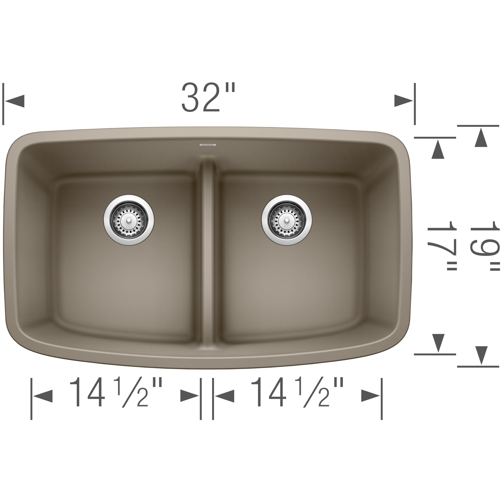 Truffle-colored double undermount sink with two equal basins, low divider, and drain strainers, 32" wide.
