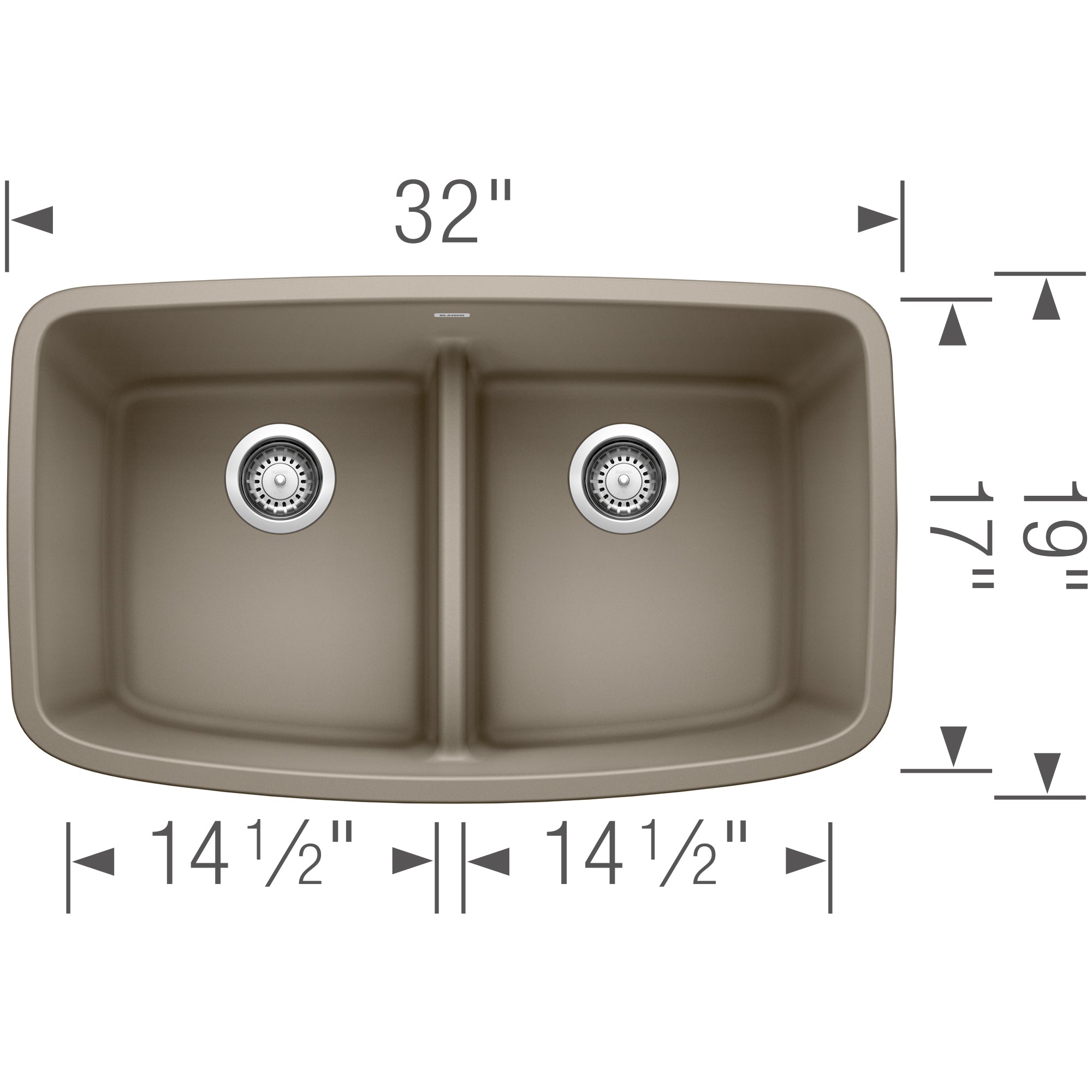 Truffle-colored double undermount sink with two equal basins, low divider, and drain strainers, 32" wide.