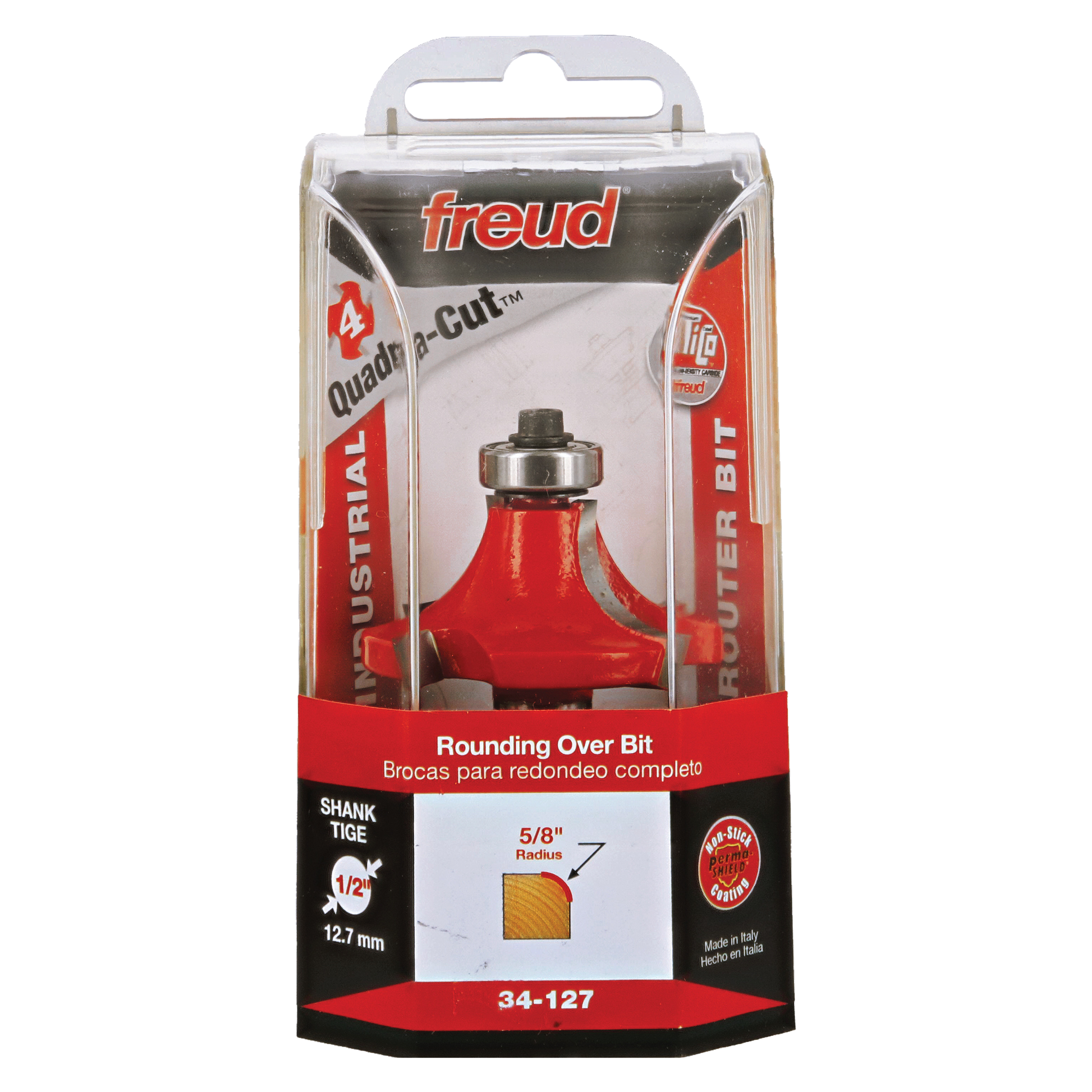 Freud 34-127 rounding over router bit with 5/8" radius and 1/2" shank in red plastic packaging.