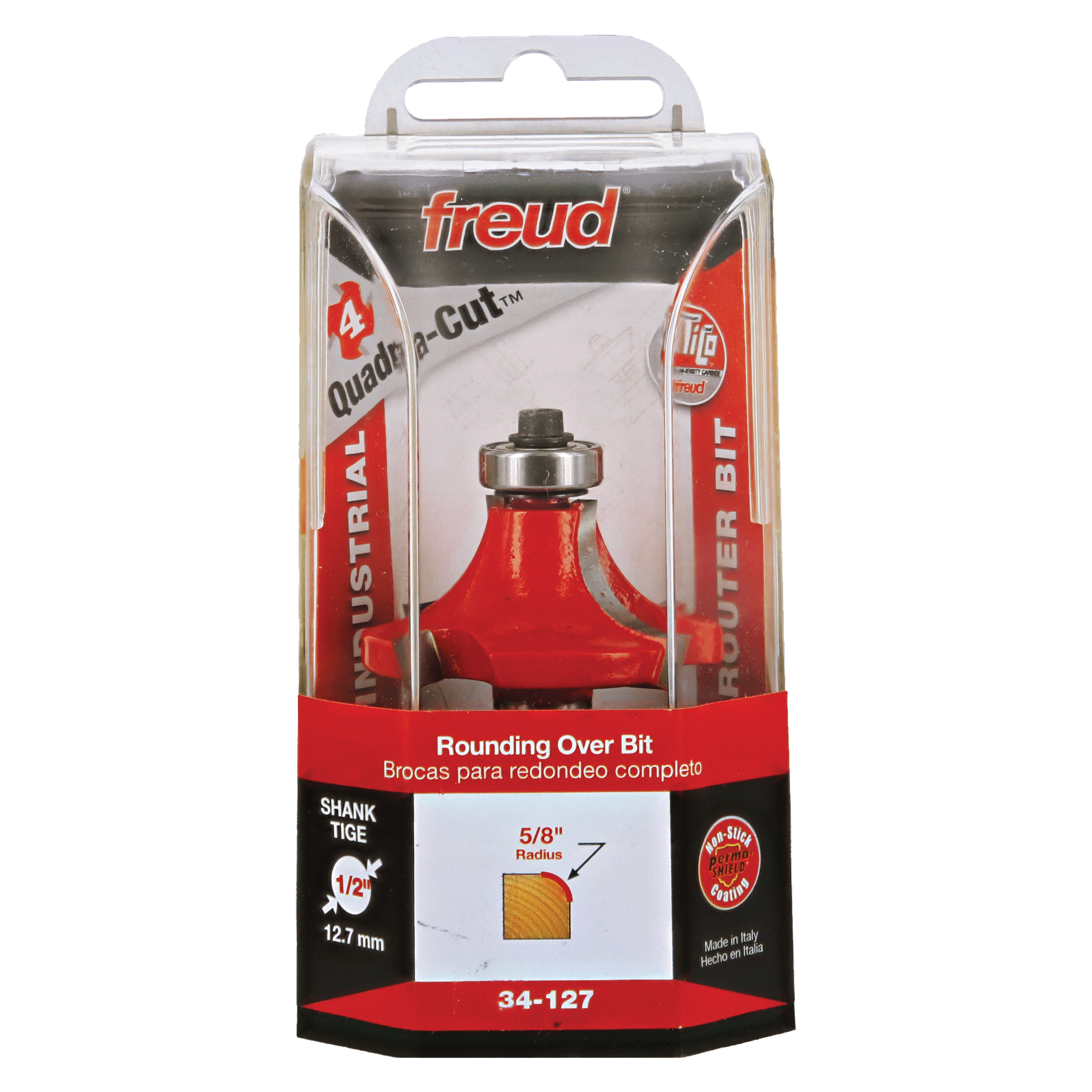 Freud 34-127 rounding over router bit with 5/8" radius and 1/2" shank in red plastic packaging.