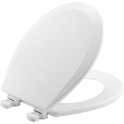 White round toilet seat with enameled wood construction and visible metal hinges.