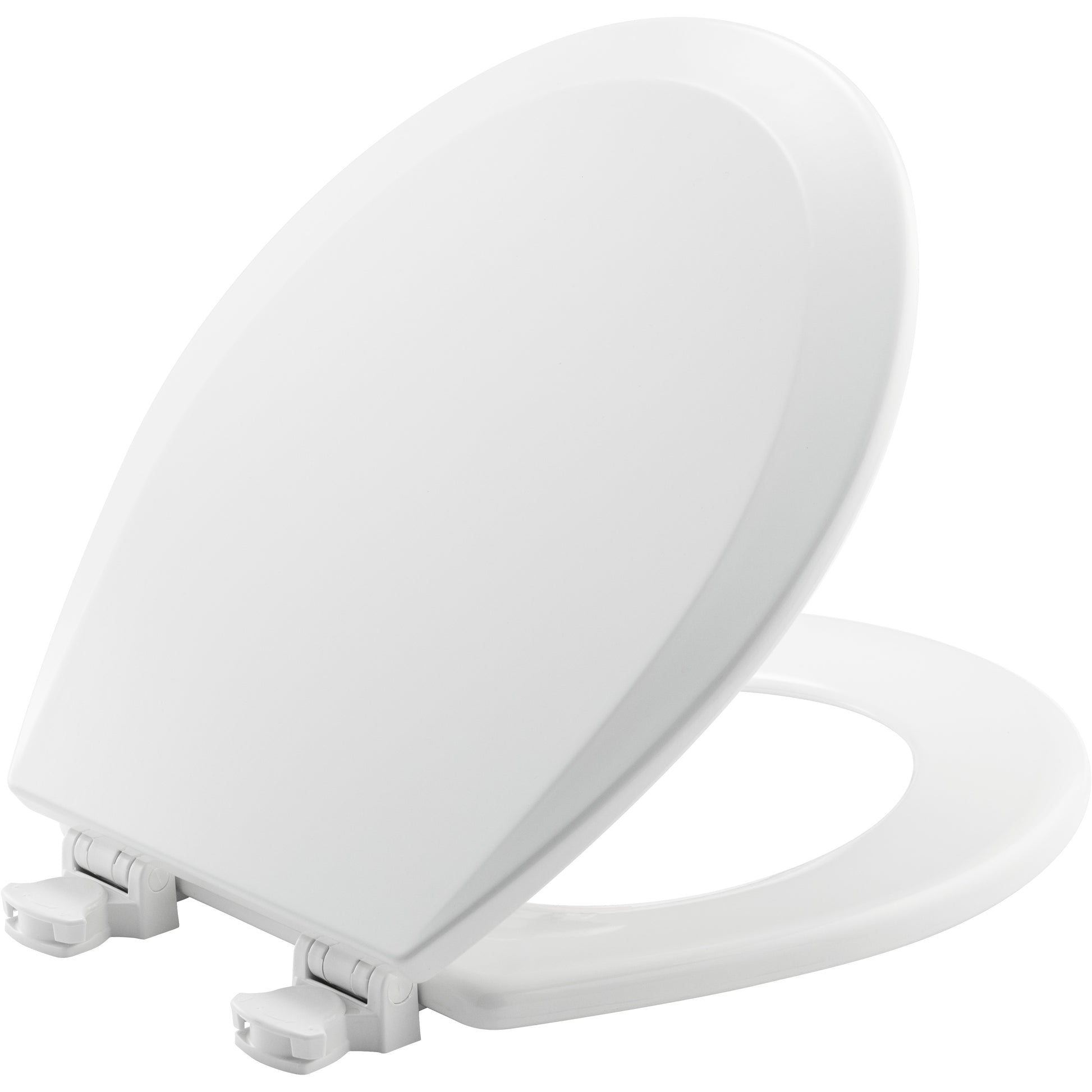 White round toilet seat with enameled wood construction and visible metal hinges.