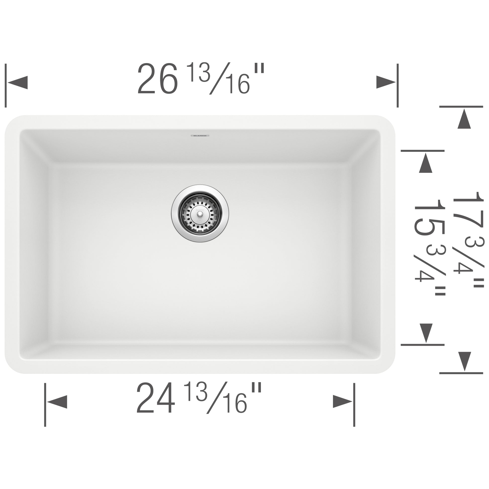 White single-bowl undermount kitchen sink with stainless steel drain basket, top view with dimensions labeled.