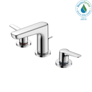 Polished chrome widespread bathroom sink faucet with two lever handles and curved spout.