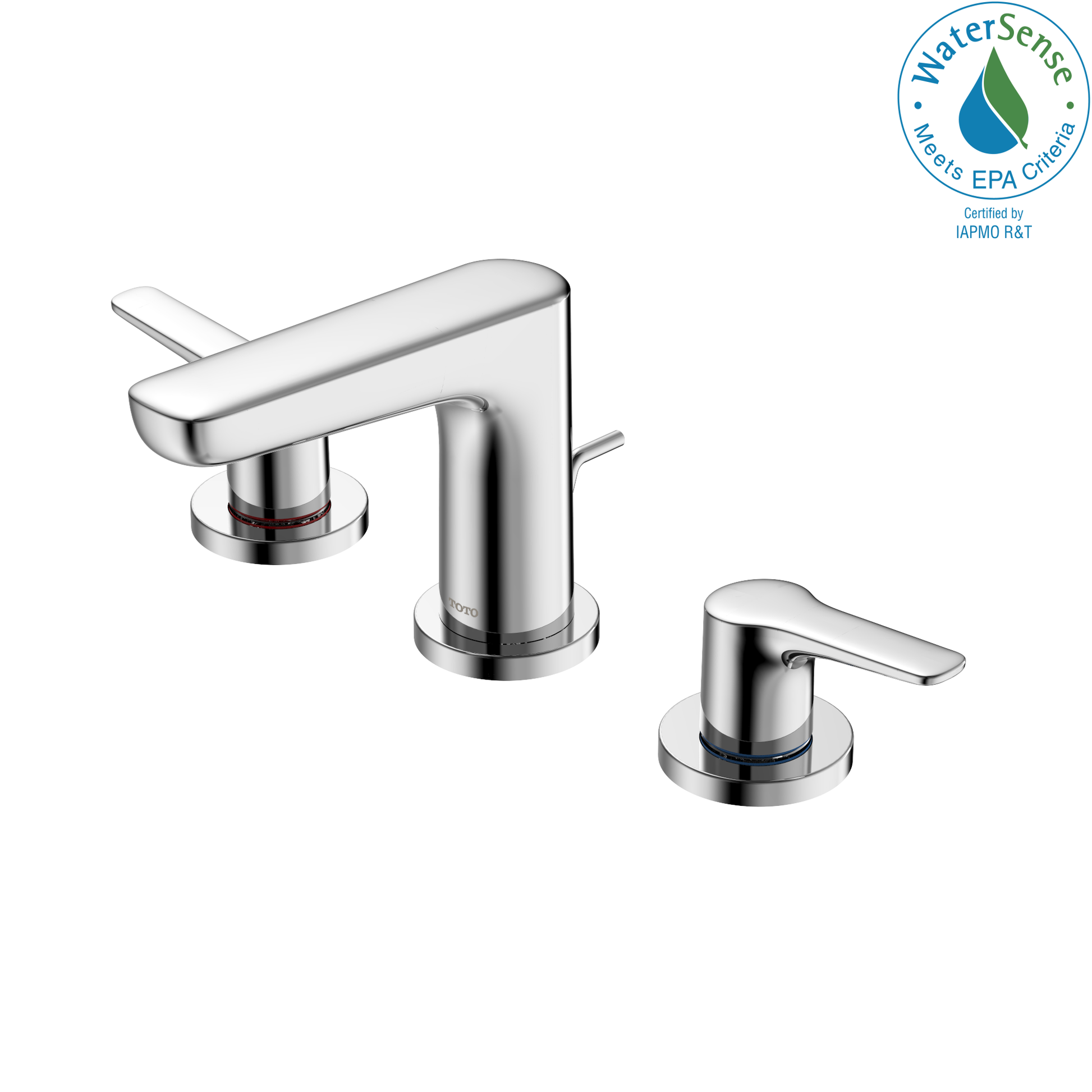 Polished chrome widespread bathroom sink faucet with two lever handles and curved spout.