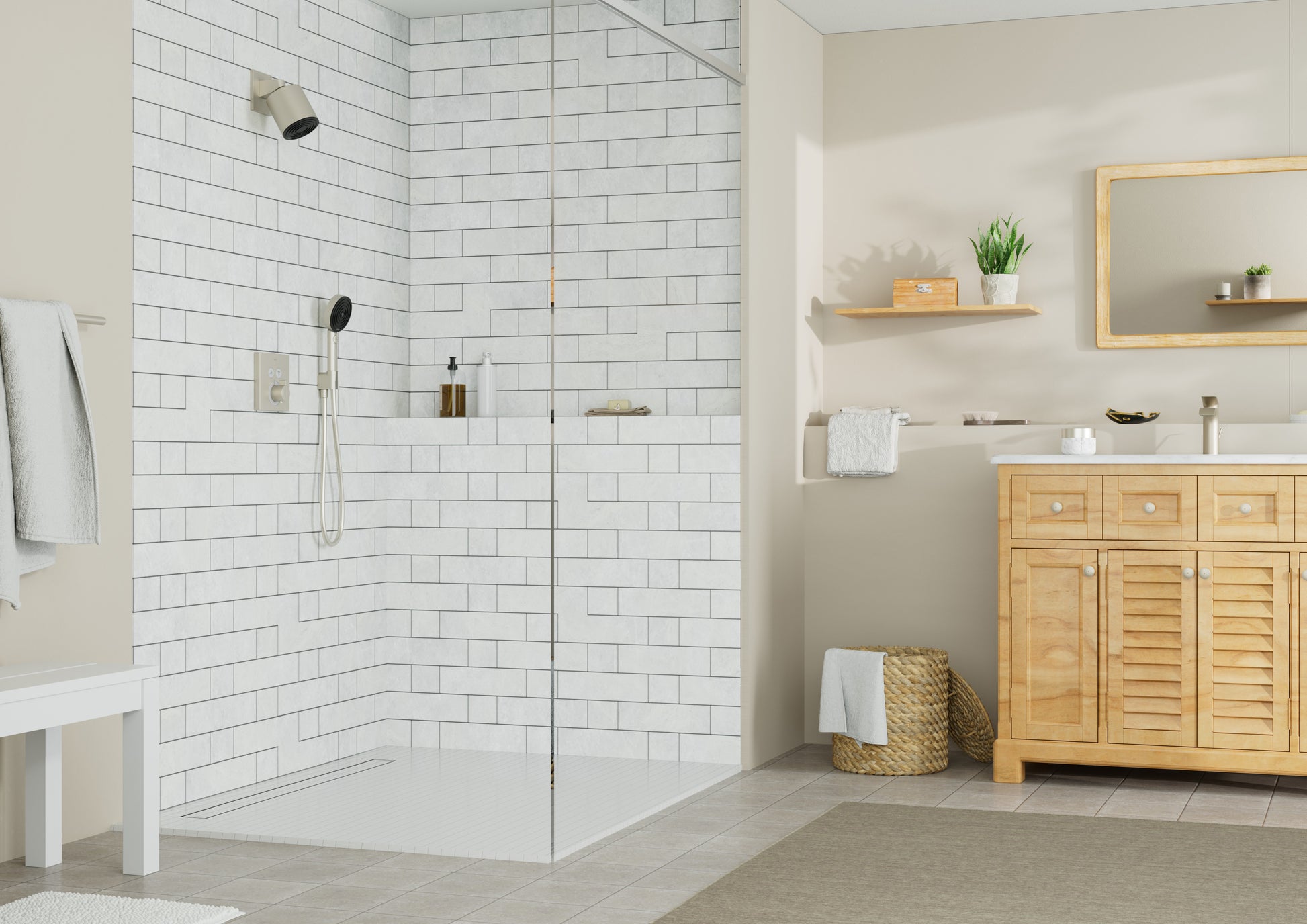 Brushed nickel handheld showerhead and fixed overhead shower mounted on white subway tile shower wall.