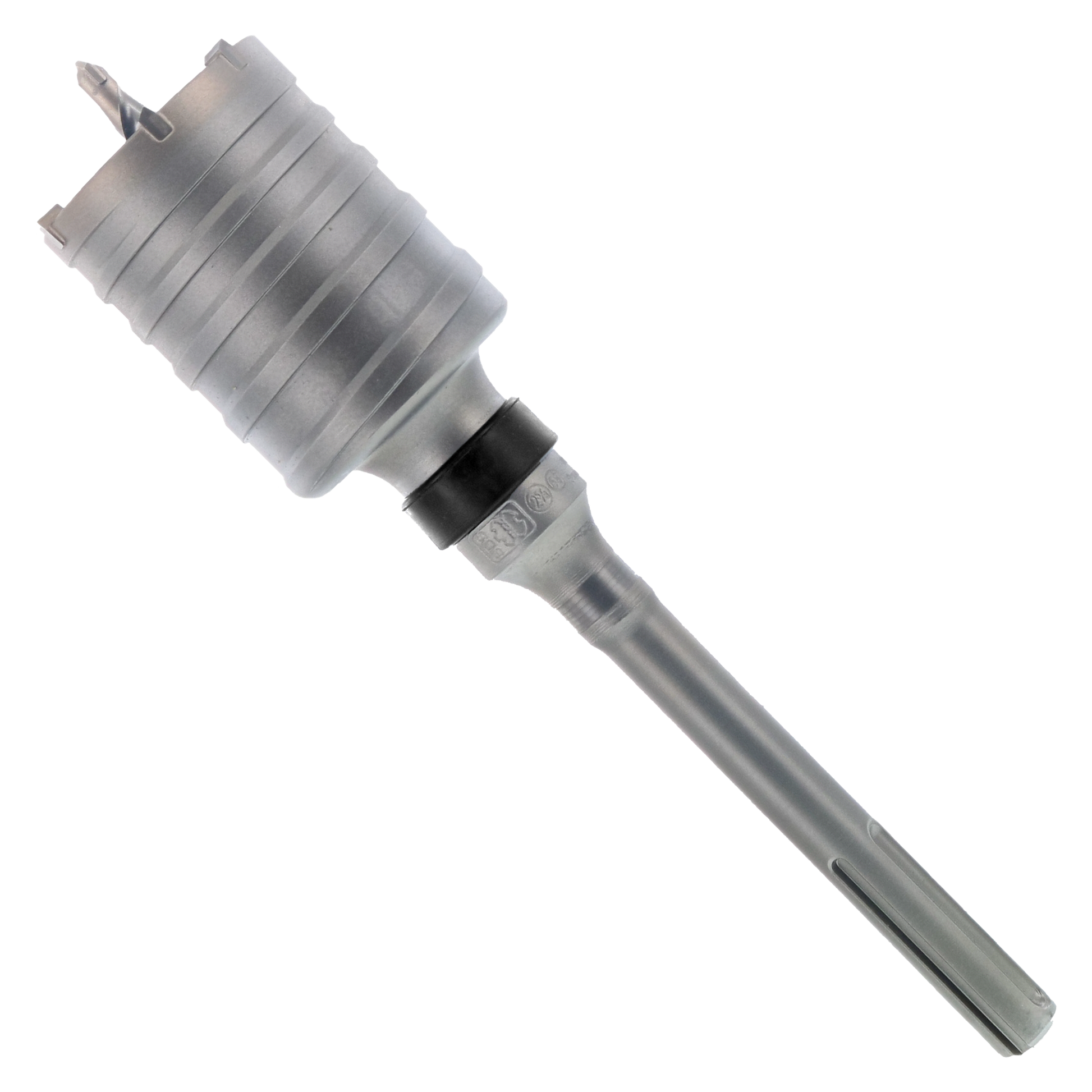 SDS-Max carbide tipped core bit with gray cylindrical head and black collar on metal shaft.