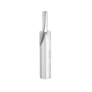 Silver router bit with cylindrical shank and single straight cutting flute on white background.
