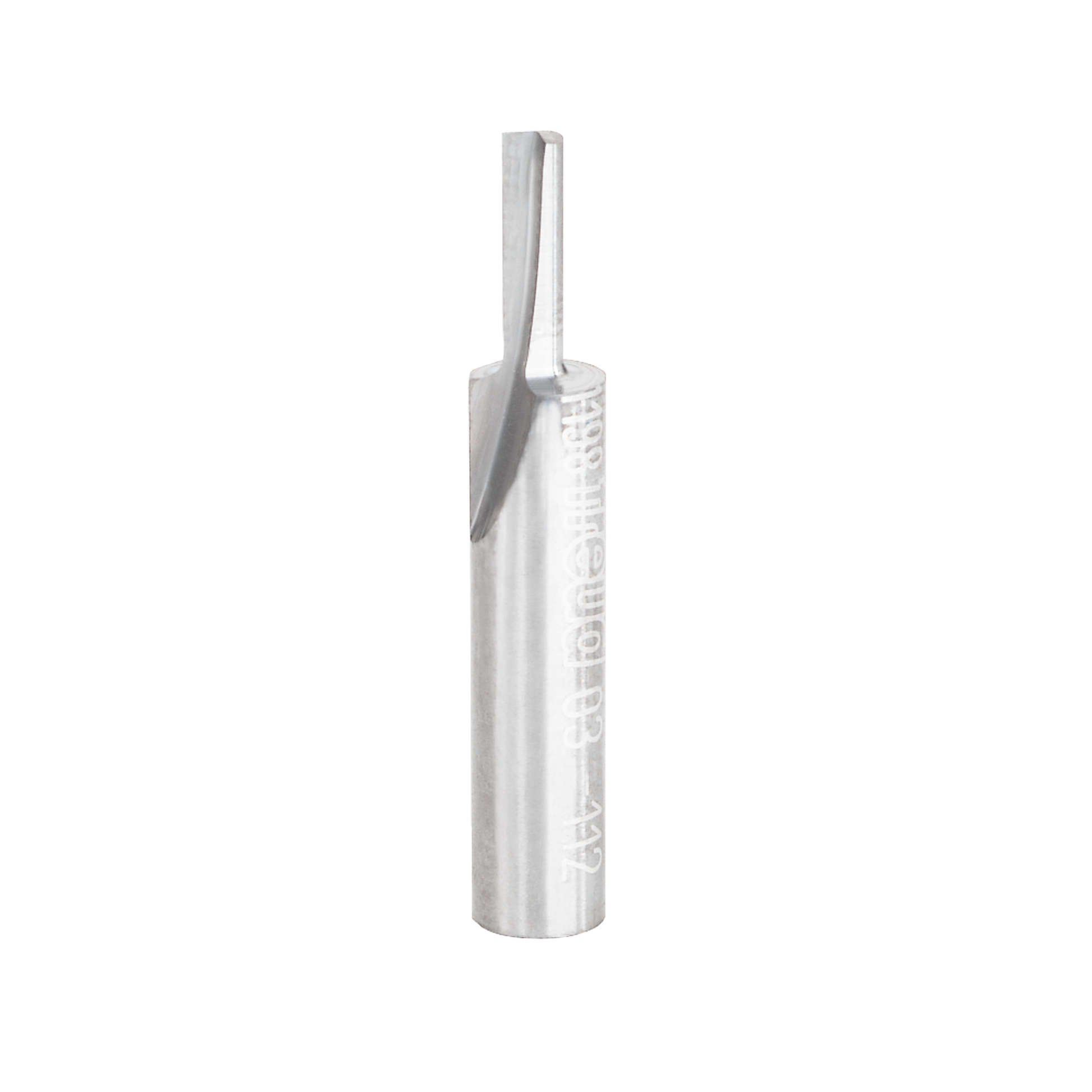 Silver router bit with cylindrical shank and single straight cutting flute on white background.
