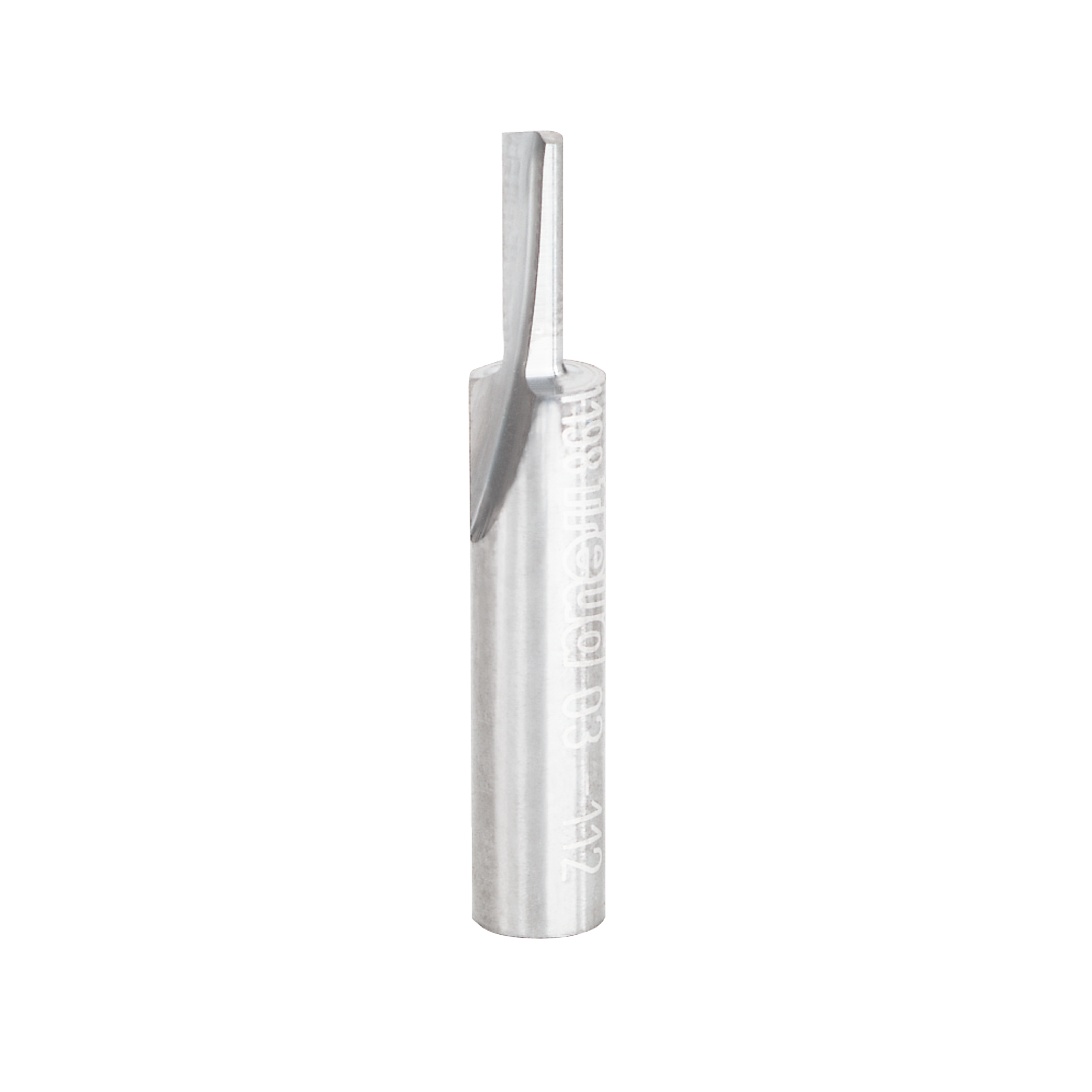 Silver router bit with cylindrical shank and single straight cutting flute on white background.