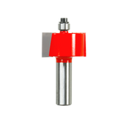 Red and silver rabbeting bit with cylindrical shank and flat cutting edge, mounted on white background.