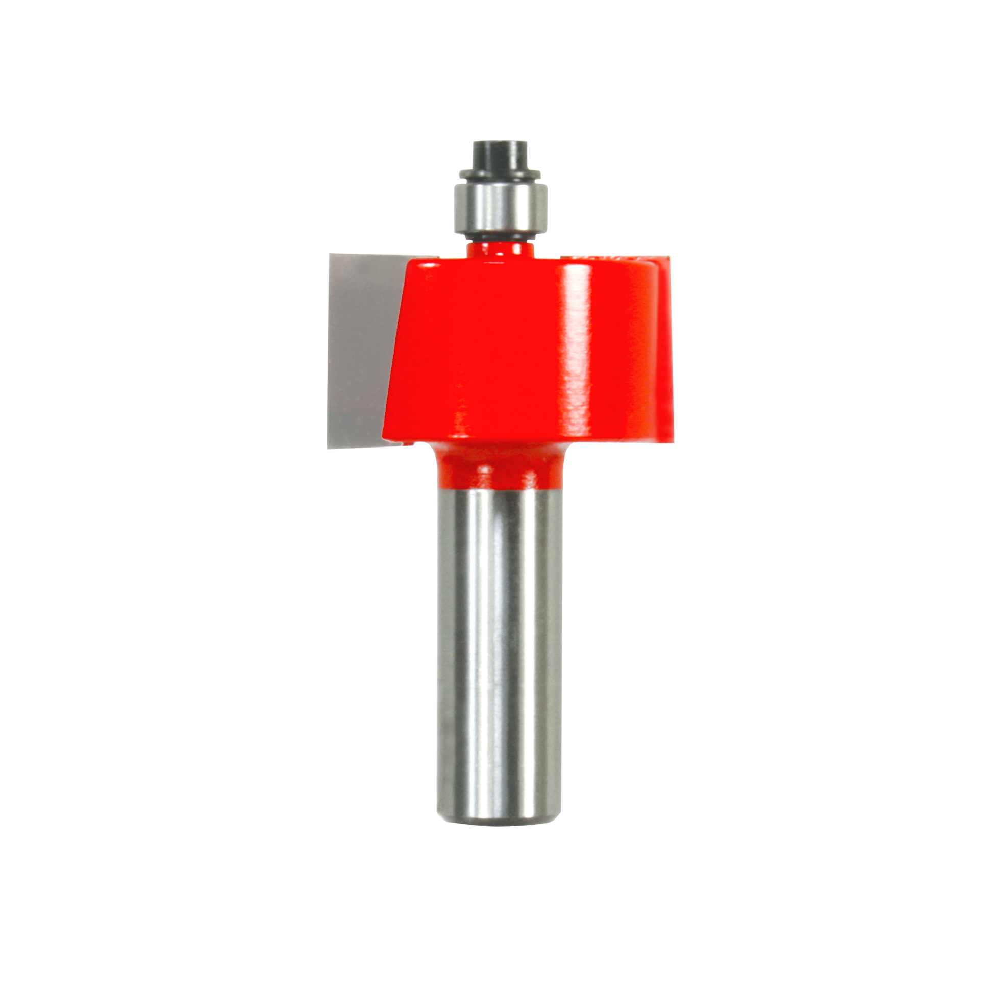 Red and silver rabbeting bit with cylindrical shank and flat cutting edge, mounted on white background.