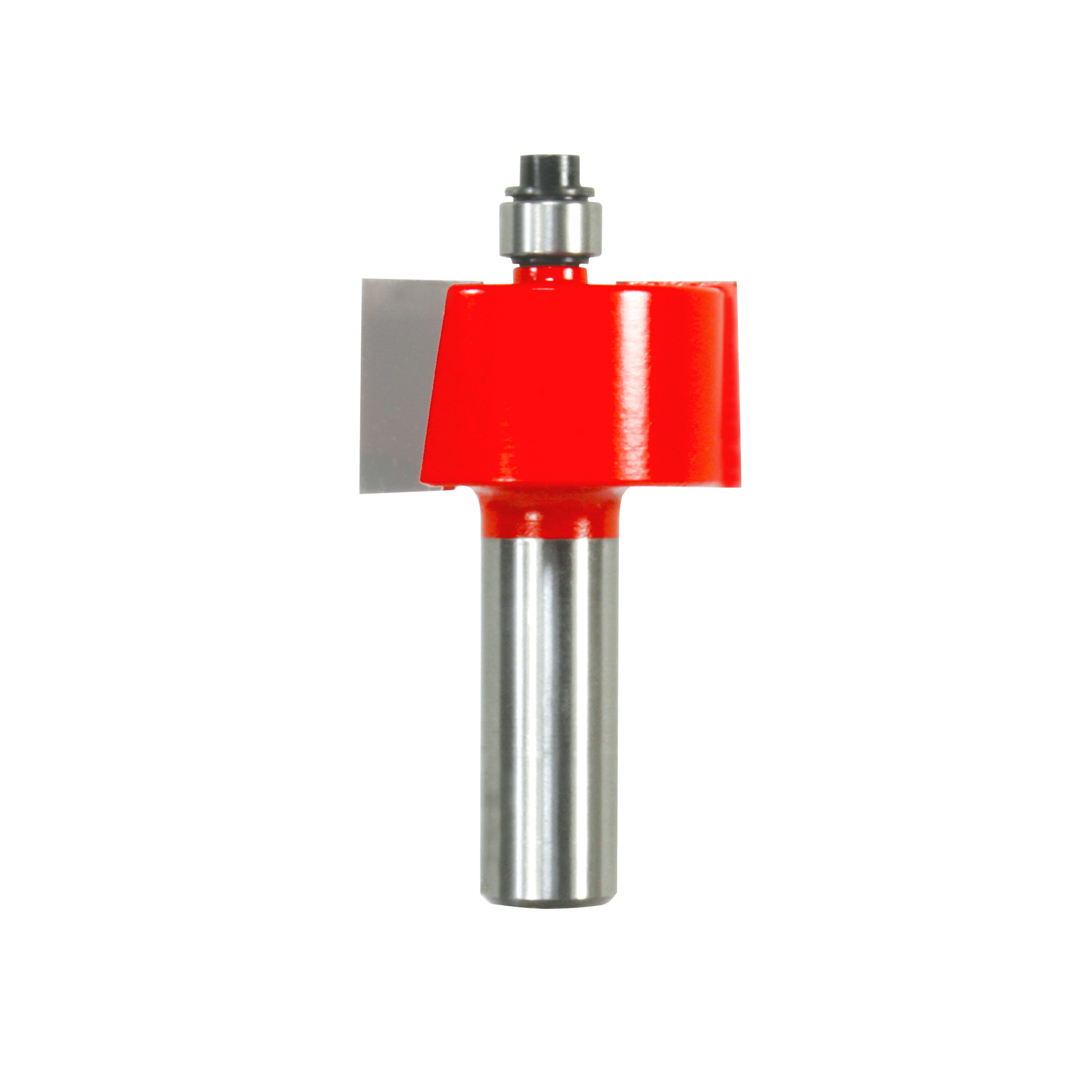 Red and silver rabbeting bit with cylindrical shank and flat cutting edge, mounted on white background.