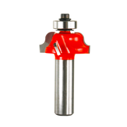 Red and silver roman ogee router bit with curved cutting edges and metal shank.