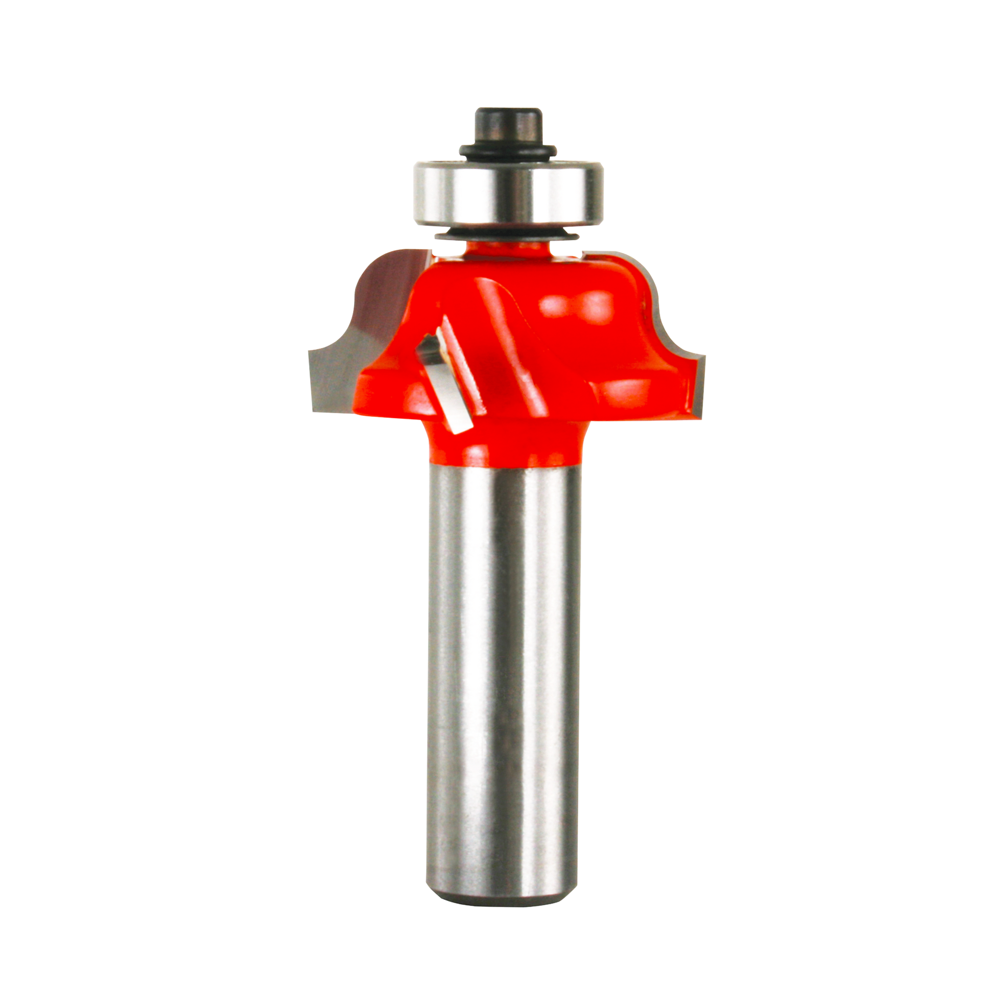 Red and silver roman ogee router bit with curved cutting edges and metal shank.
