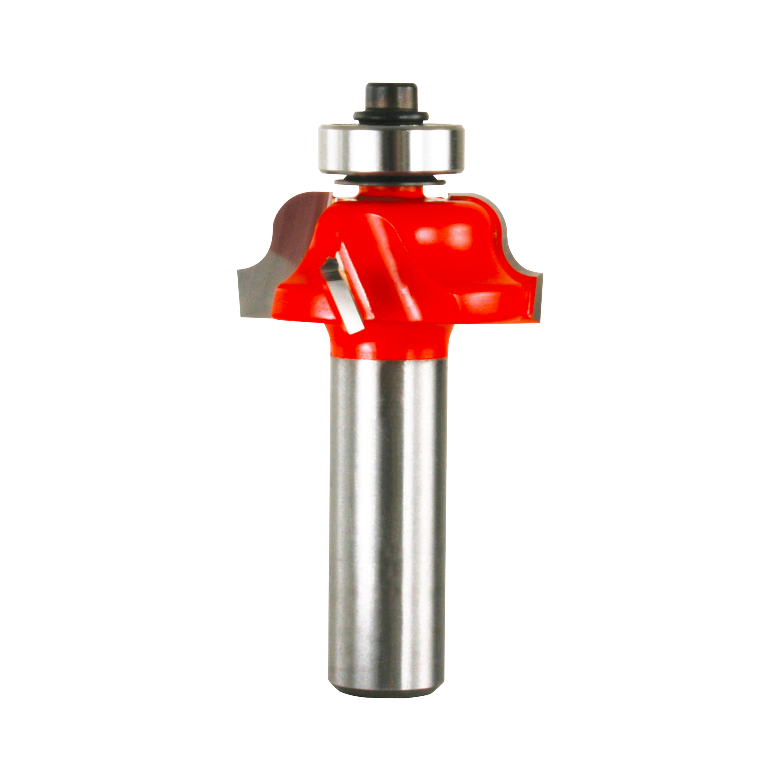 Red and silver roman ogee router bit with curved cutting edges and metal shank.