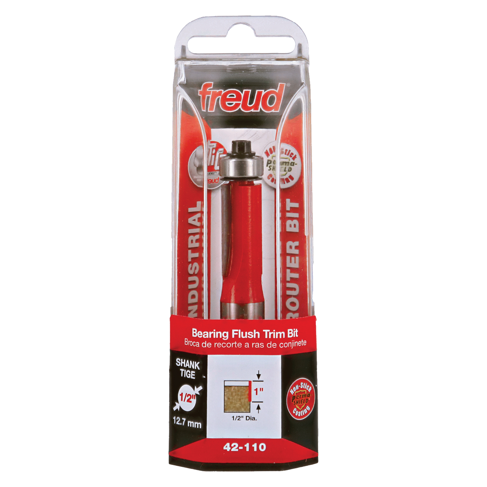 Freud bearing flush trim bit with red handle and metal collar in clear plastic clamshell packaging.
