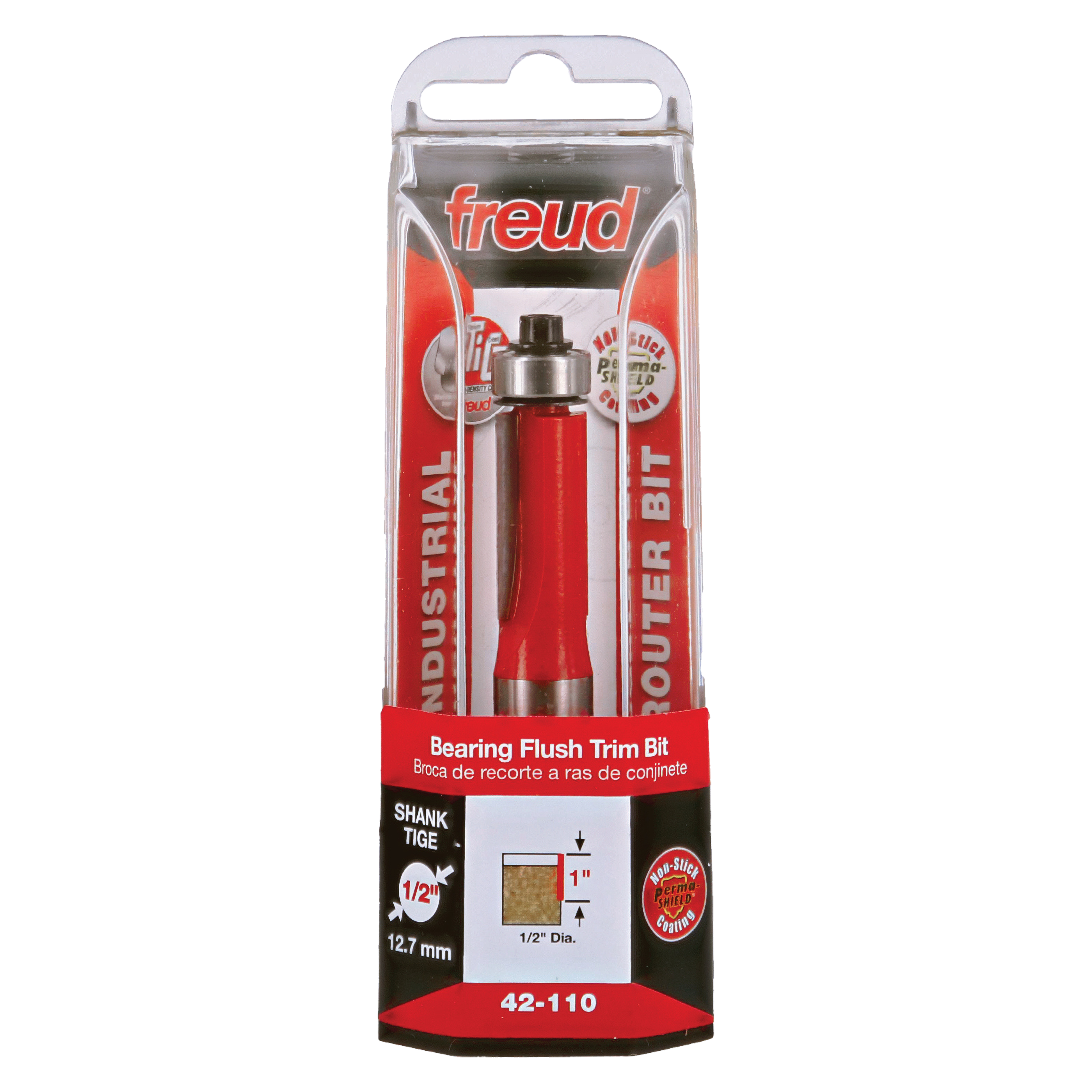 Freud bearing flush trim bit with red handle and metal collar in clear plastic clamshell packaging.