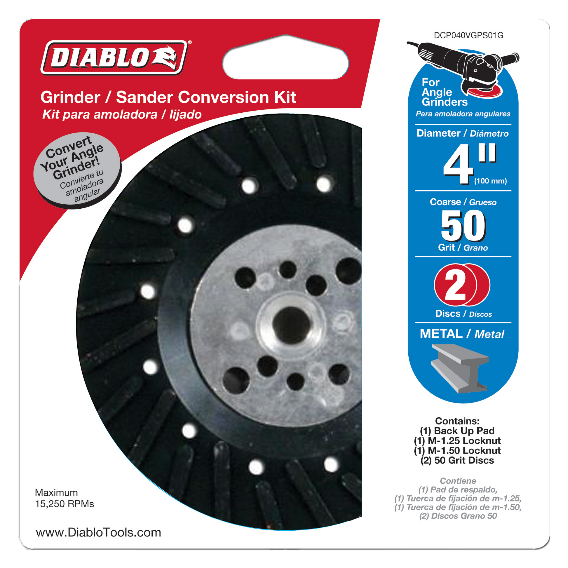 Black and grey 4-inch grinding disc with flange attachment and two 50-grit sanding discs for angle grinders.