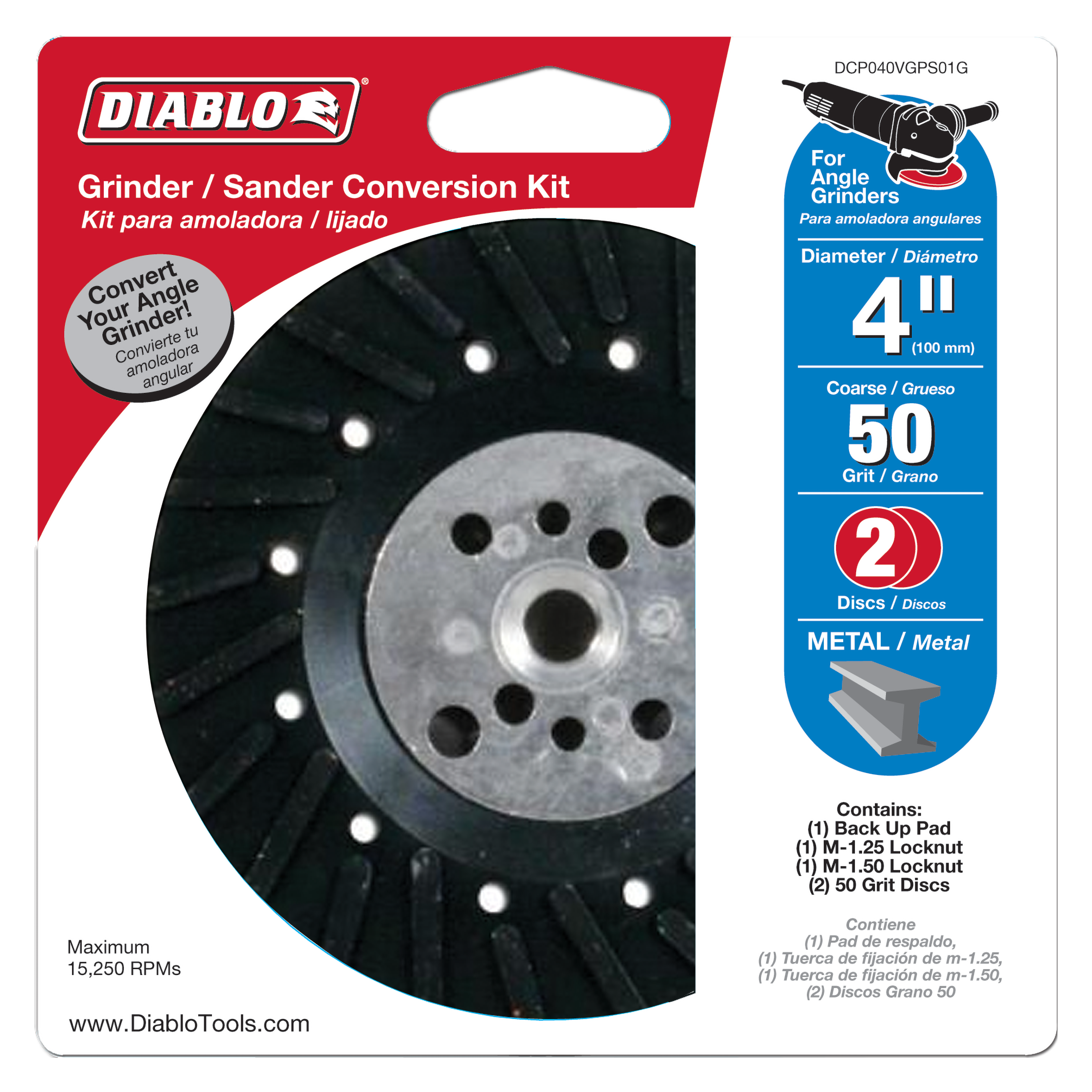 Black and grey 4-inch grinding disc with flange attachment and two 50-grit sanding discs for angle grinders.