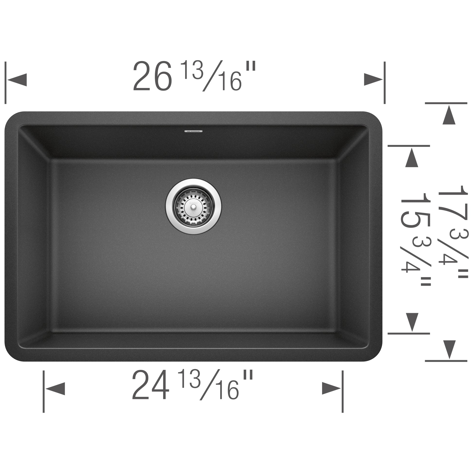 Anthracite single bowl undermount sink with drain strainer, dimensions 26 13/16" W x 17 3/4" D x 15 3/4" H.
