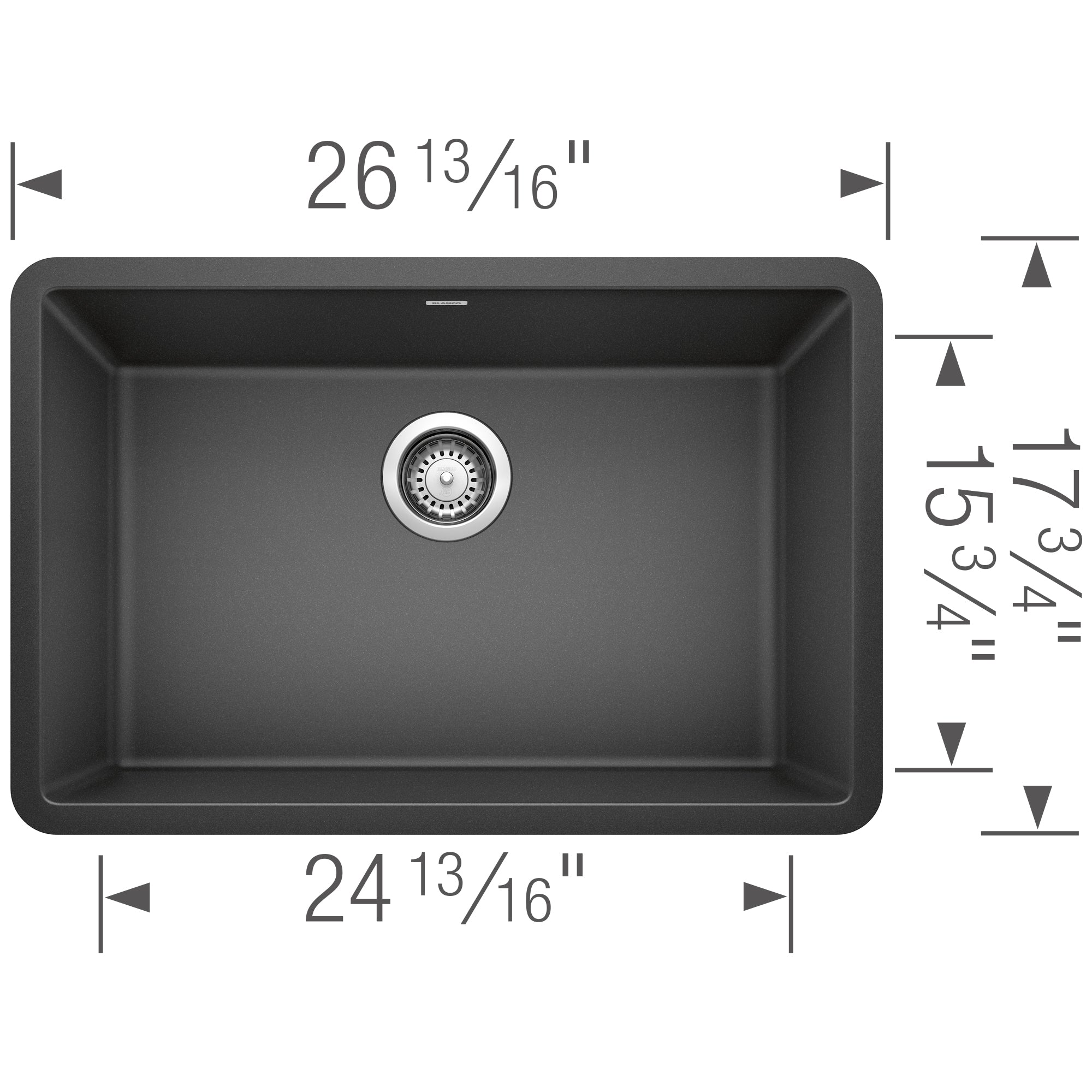 Anthracite single bowl undermount sink with drain strainer, dimensions 26 13/16" W x 17 3/4" D x 15 3/4" H.