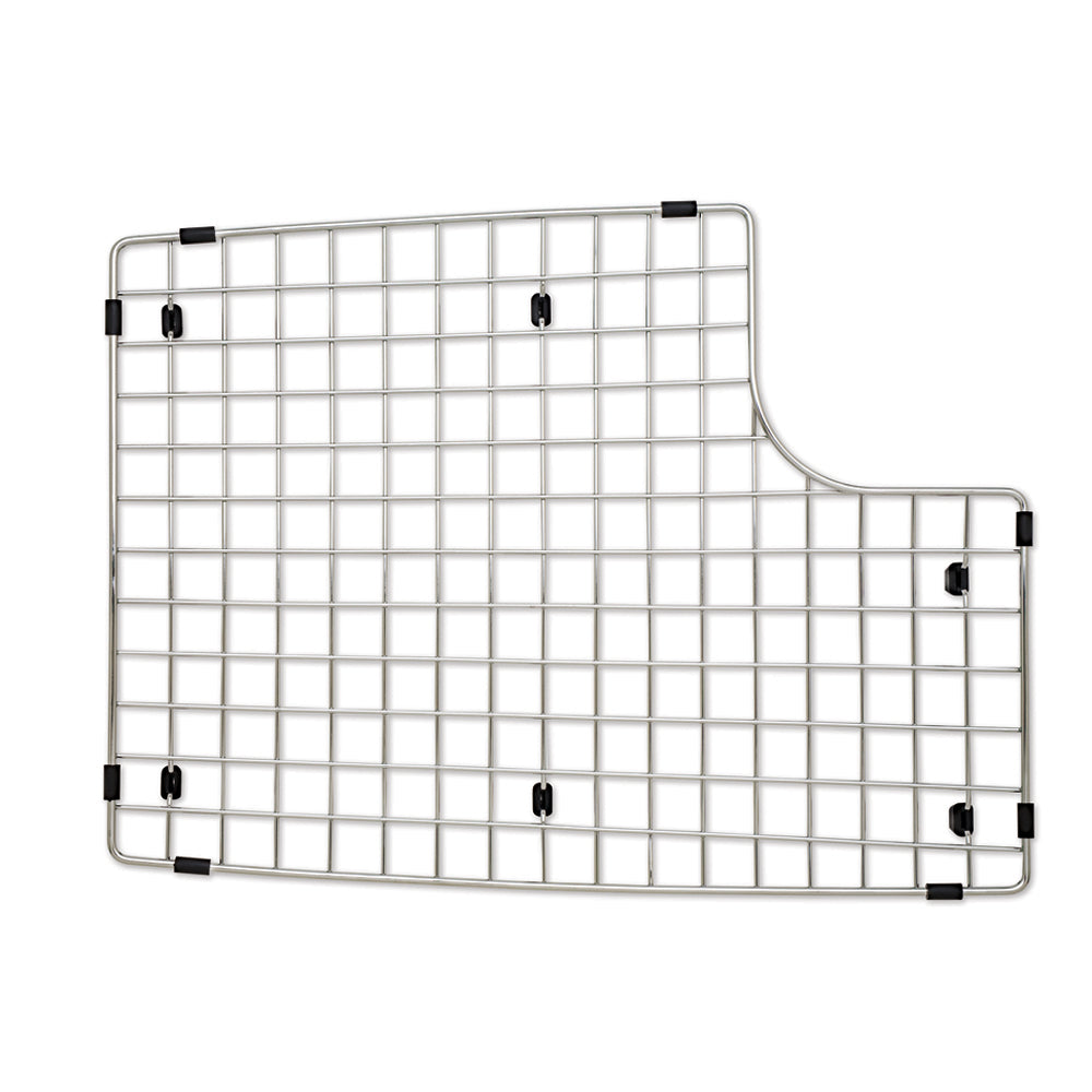 Stainless steel sink grid with square mesh pattern and black rubber feet for sink basin protection.