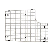 Stainless steel sink grid with square mesh pattern and black rubber feet for sink basin protection.
