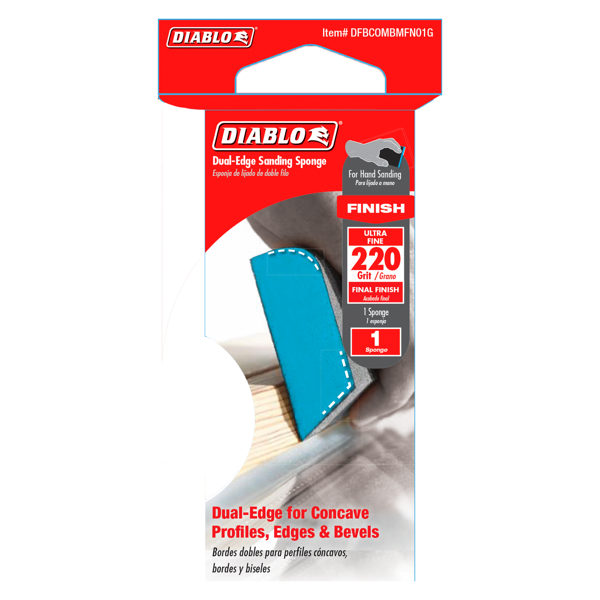 Blue and gray dual-edge sanding sponge with 220-grit ultra fine surface in retail packaging.