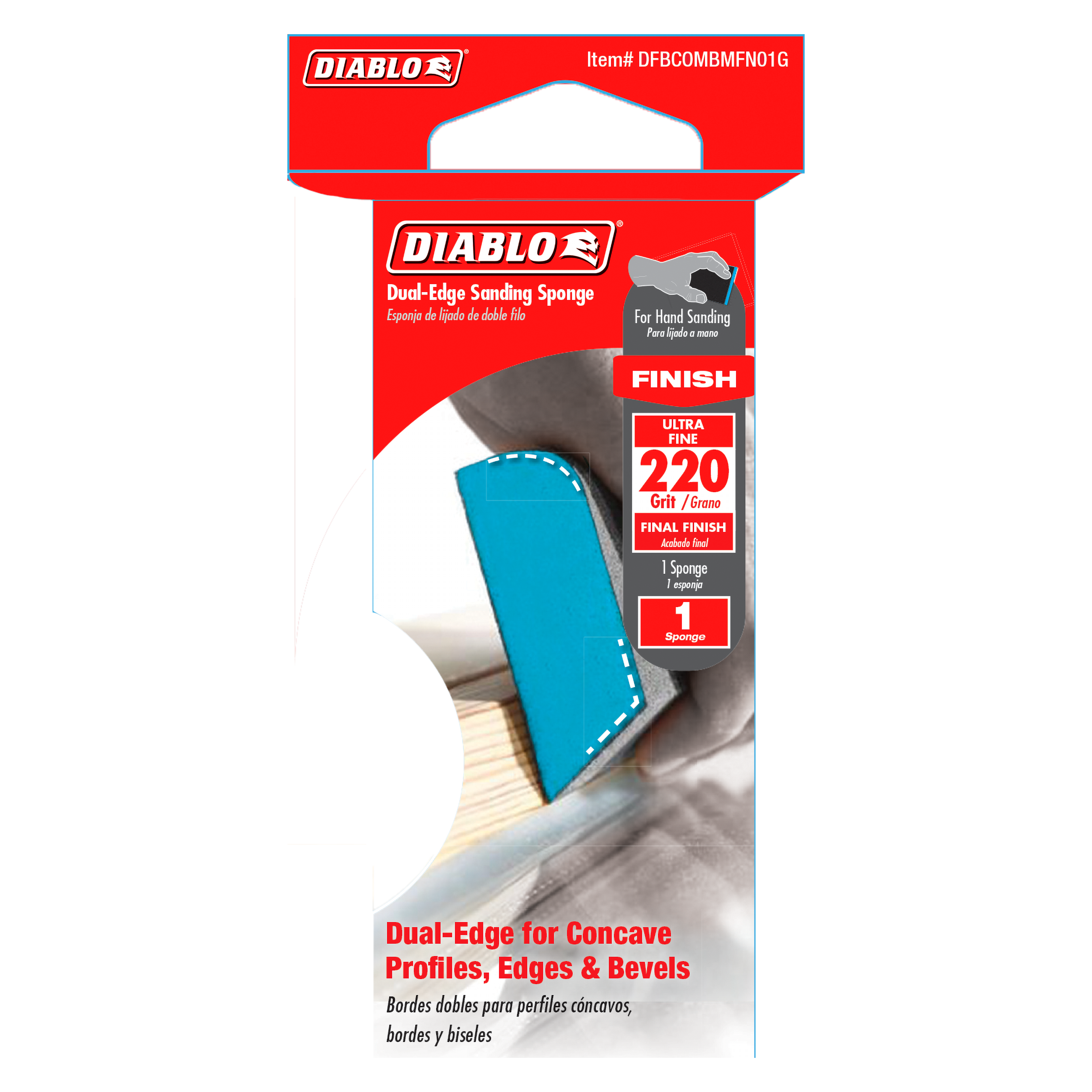 Blue and gray dual-edge sanding sponge with 220-grit ultra fine surface in retail packaging.